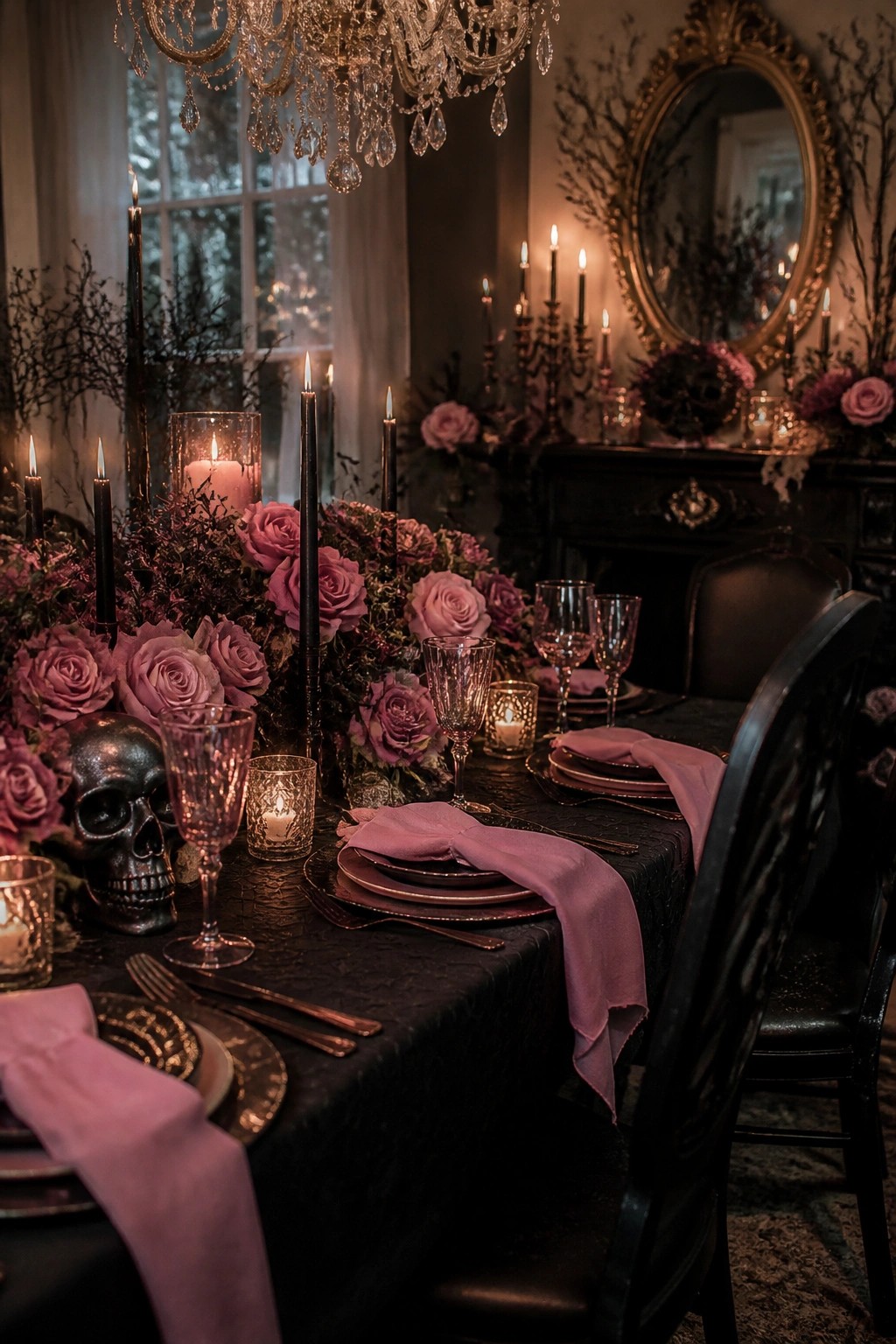 A formal dining table decorated for Halloween with black linens, purple roses, black candles, and a decorative skull in the centerpiece.