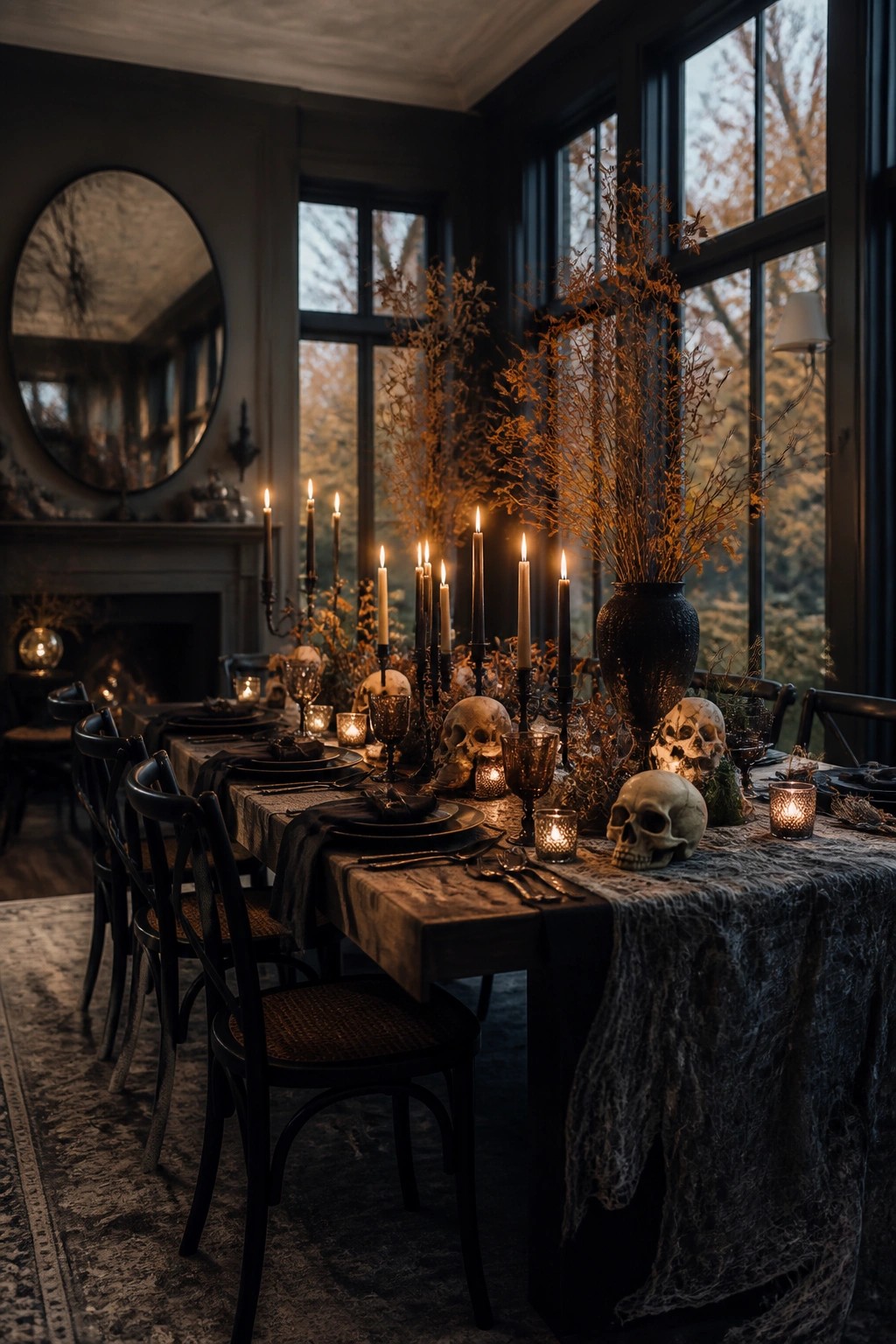 Long dining table set with multiple human skulls, black taper candles, and dark tableware for a Halloween dinner.