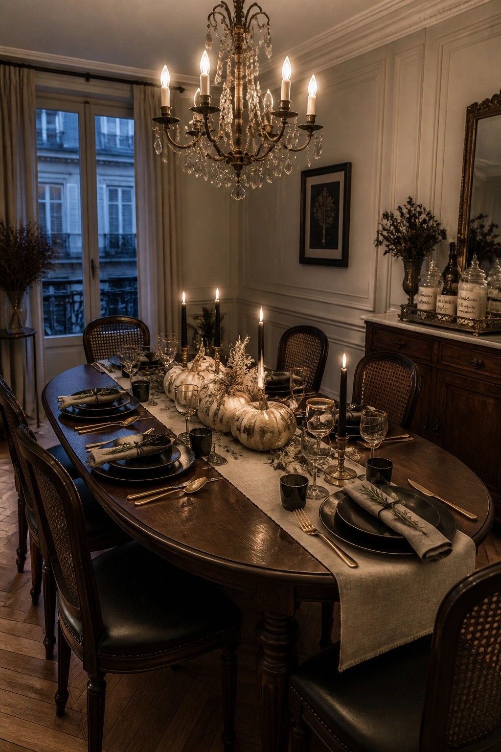 Elegant table set with black plates, gold cutlery, white pumpkins, and lit candles under chandelier.