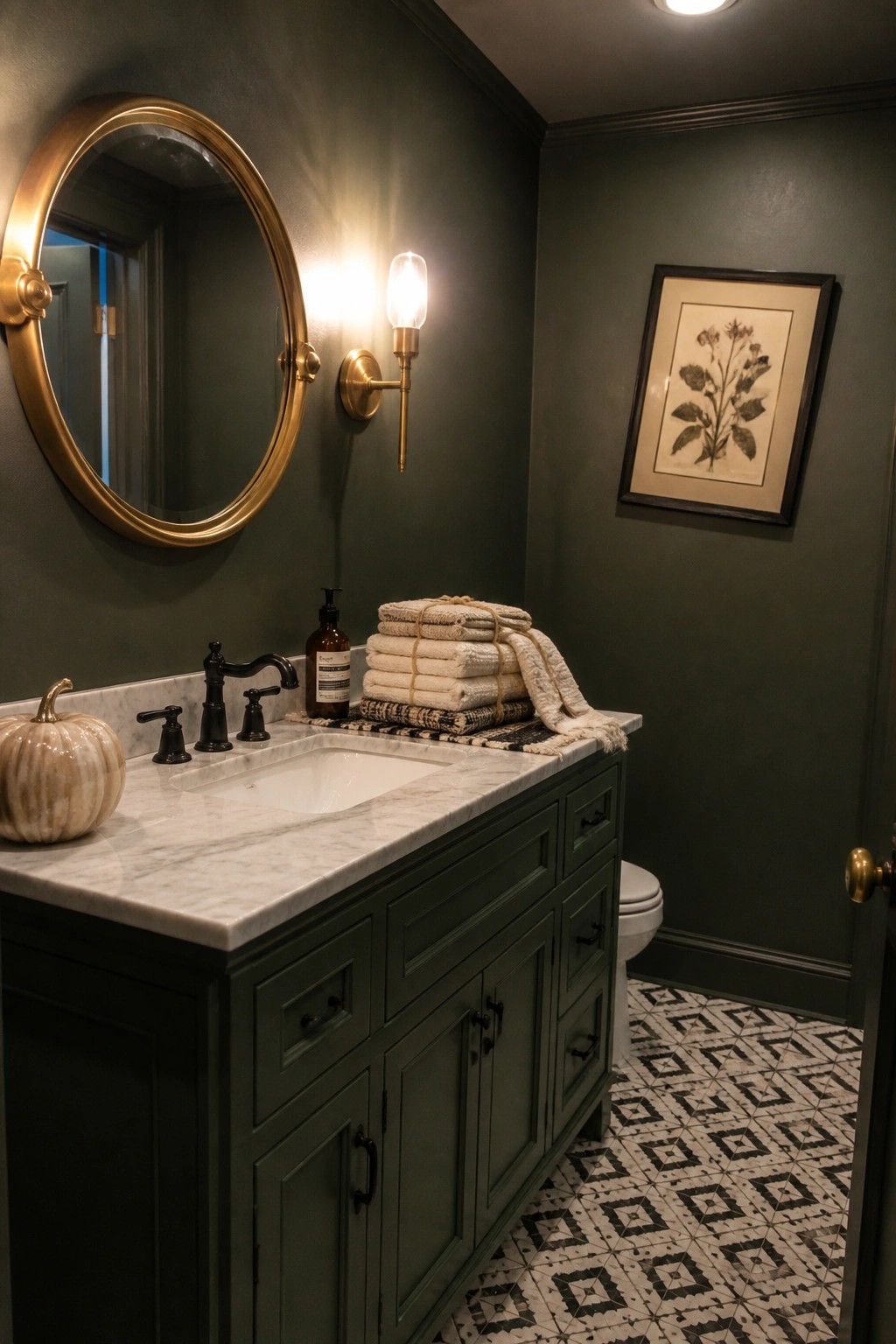 A bathroom with dark green walls, a green vanity with white marble top, black fixtures, a round gold mirror, and a white pumpkin on the counter.