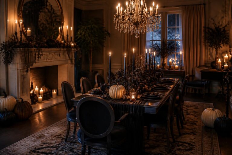 23 Elegant Halloween Decor Ideas for a Classy Celebration Long dining table set with black tablecloth, tall bare branches as centerpiece, pumpkins, and black candles under a crystal chandelier.