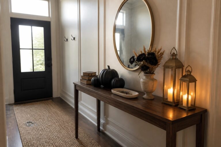 23 Elegant Halloween Decor Ideas for a Classy Celebration Wooden console table with black pumpkins, lit lanterns, gold mirror, and stacked books in entryway