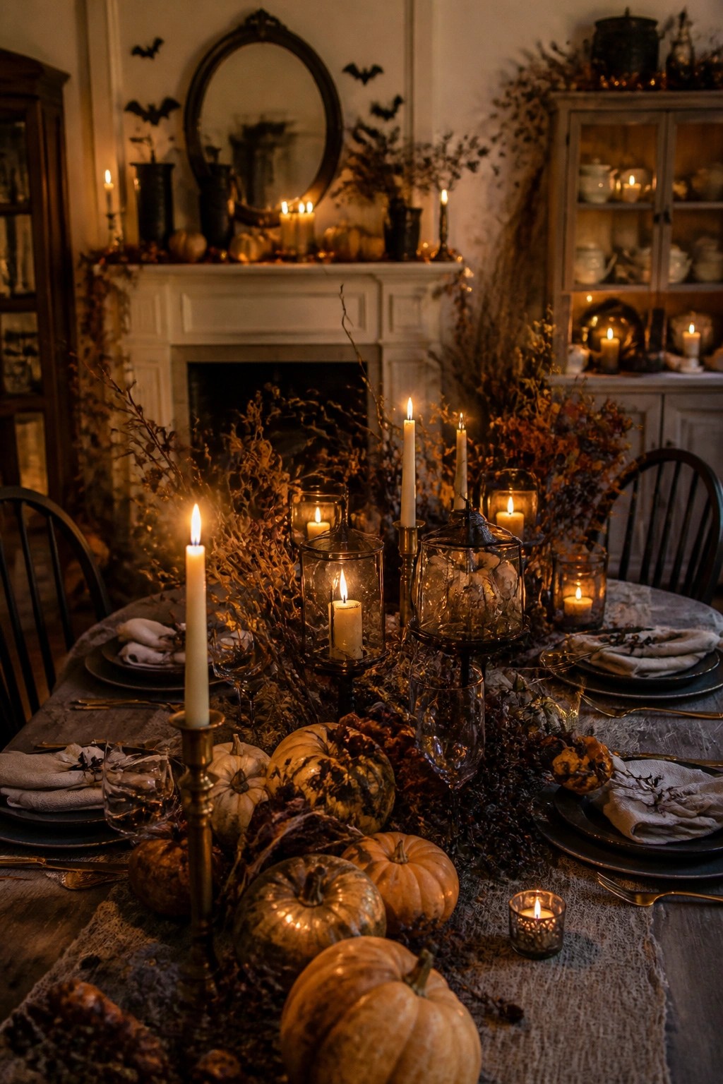 Dining room table decorated for Halloween with pumpkins, candles, and dried foliage, and black bat cutouts arranged around the mirror above the fireplace mantel.