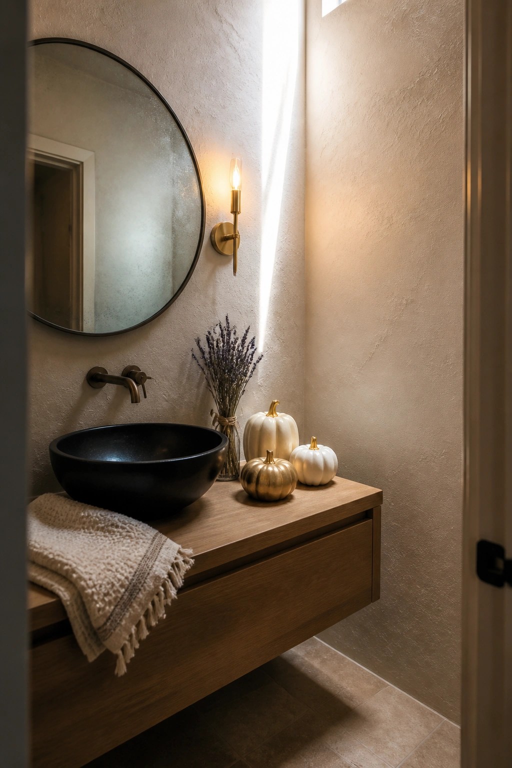 Bathroom wooden vanity with black vessel sink, round mirror, and autumn pumpkins