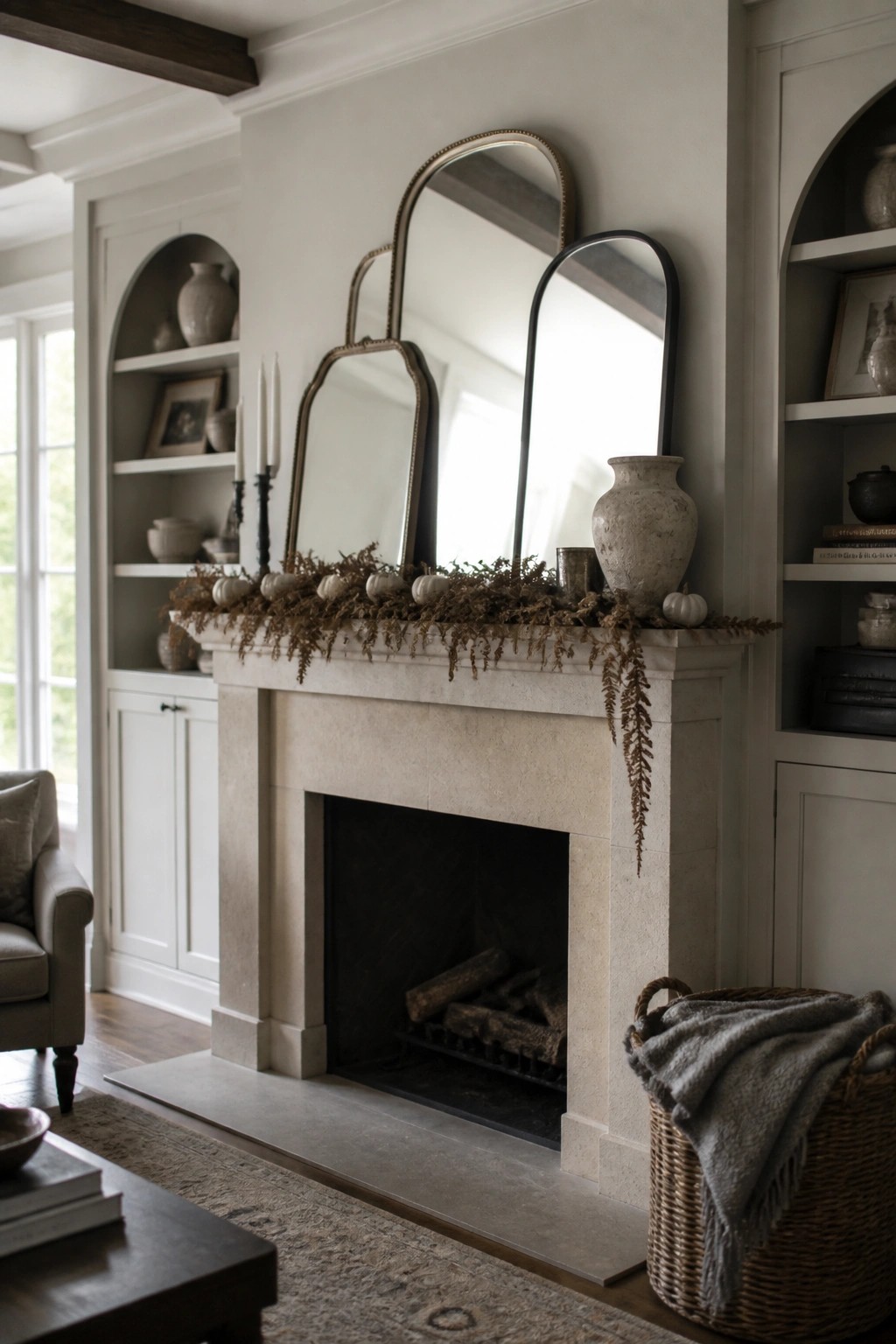 A light stone fireplace mantel with small white pumpkins and dried foliage arranged across the top, set between two mirrors and built-in shelving.