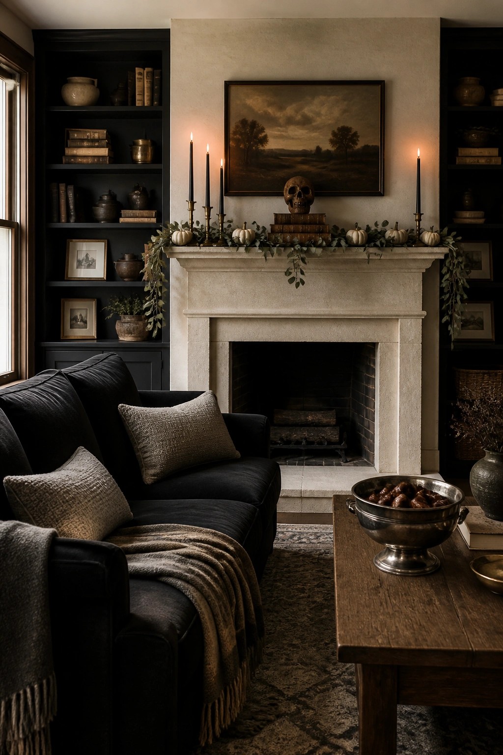 A living room interior showing a stone fireplace with a mantel holding a human skull, stacked books, small white pumpkins, greenery, and tall black candles, flanked by dark built-in bookshelves and a black sofa in the foreground.