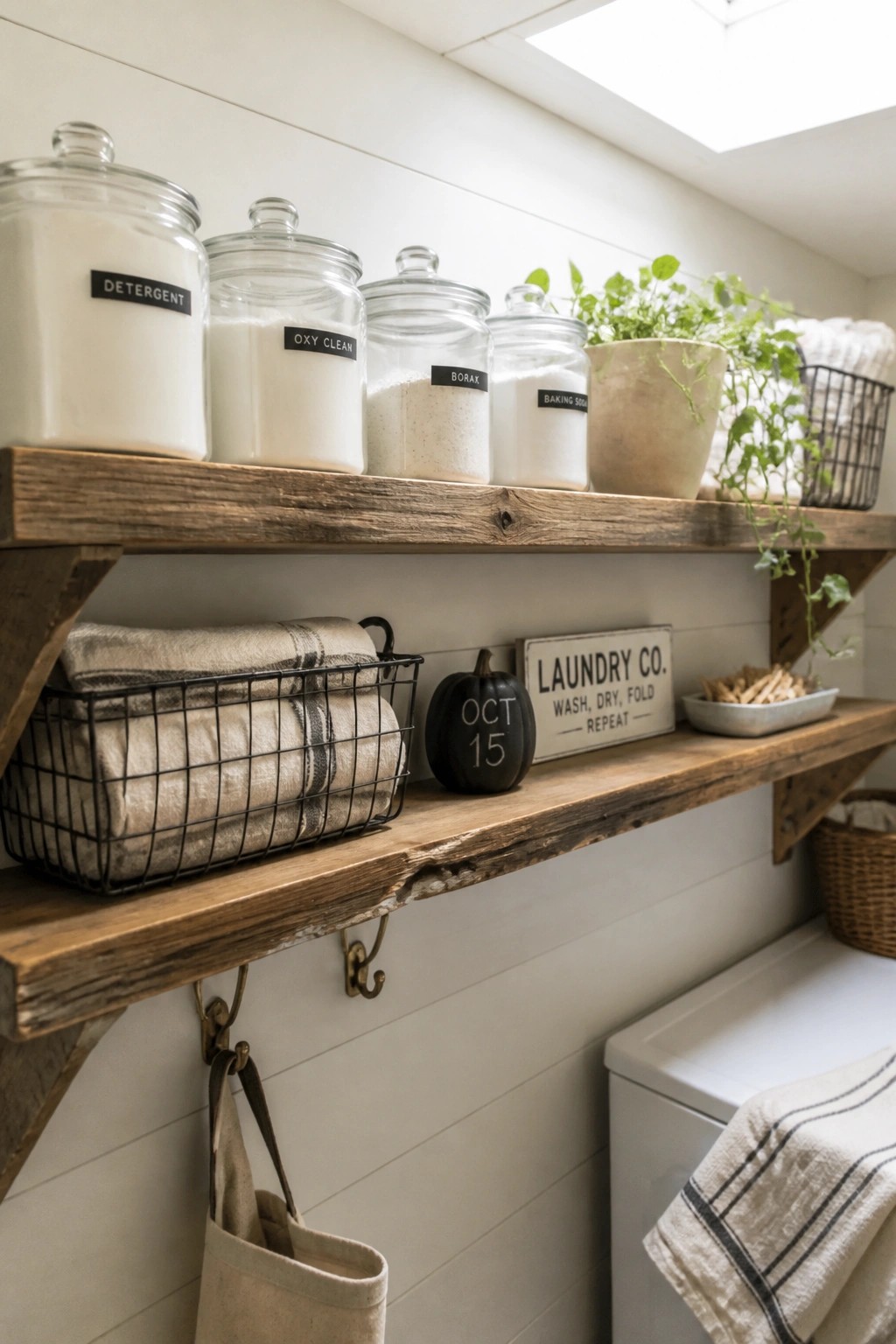 Wooden shelves hold glass jars labeled Detergent, Oxy Clean, Borax, and Baking Soda, a black pumpkin marked Oct 15, a wire basket with folded towels, and a small sign that reads Laundry Co.