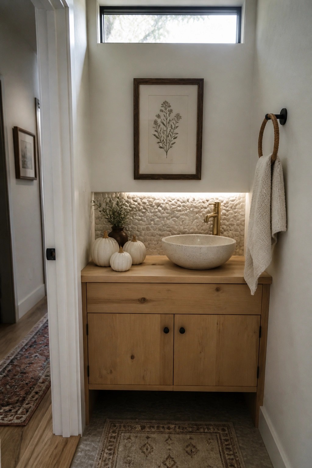 A bathroom vanity with a light wood cabinet, stone vessel sink, gold faucet, and several small white pumpkins on the countertop.