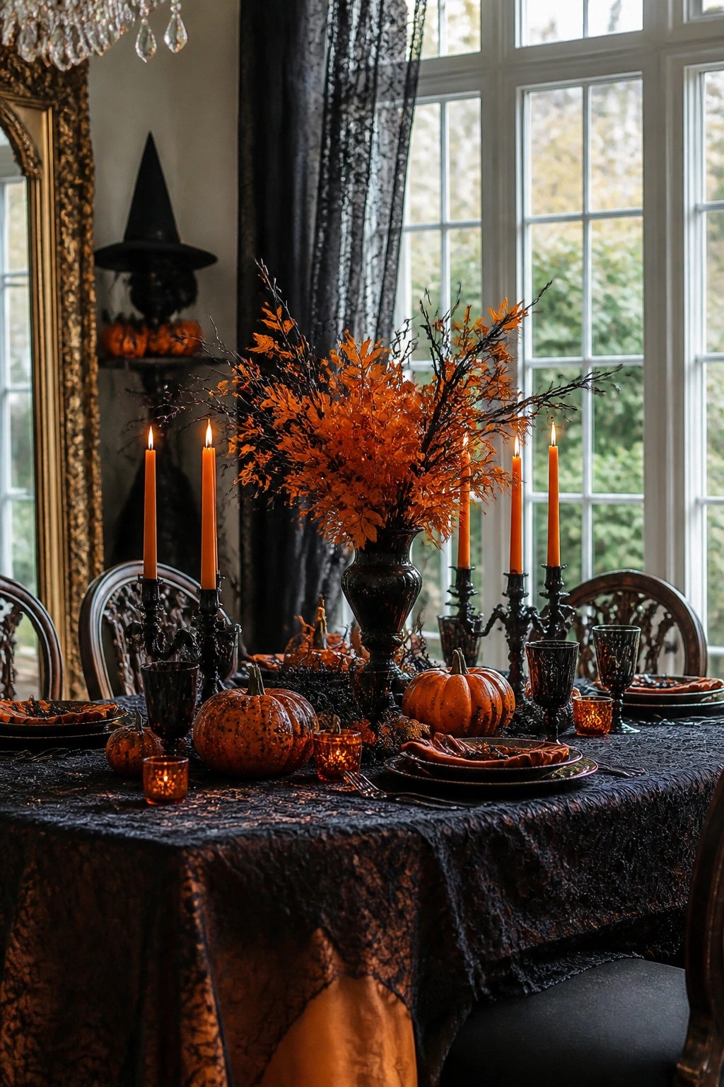 A formal dining table decorated for Halloween with a black lace cloth, orange taper candles, a black vase of orange branches, and small pumpkins.