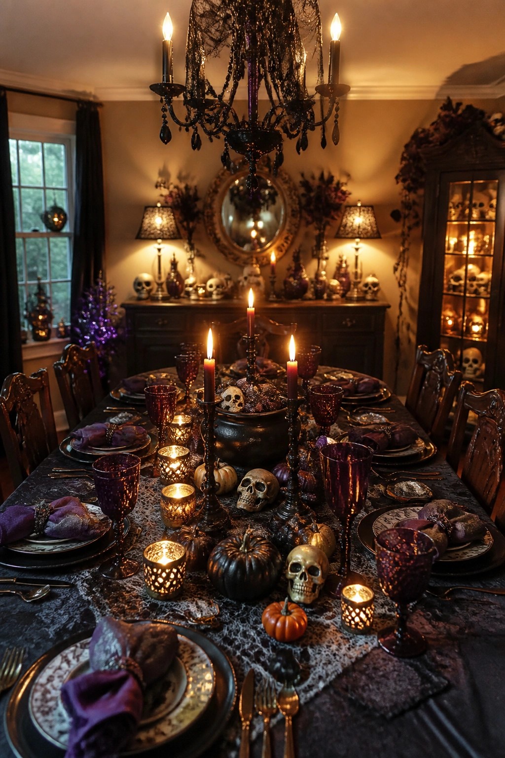A long dining table set for Halloween with skulls, a black cauldron, purple goblets, lit candles, and small pumpkins arranged on a dark lace runner.