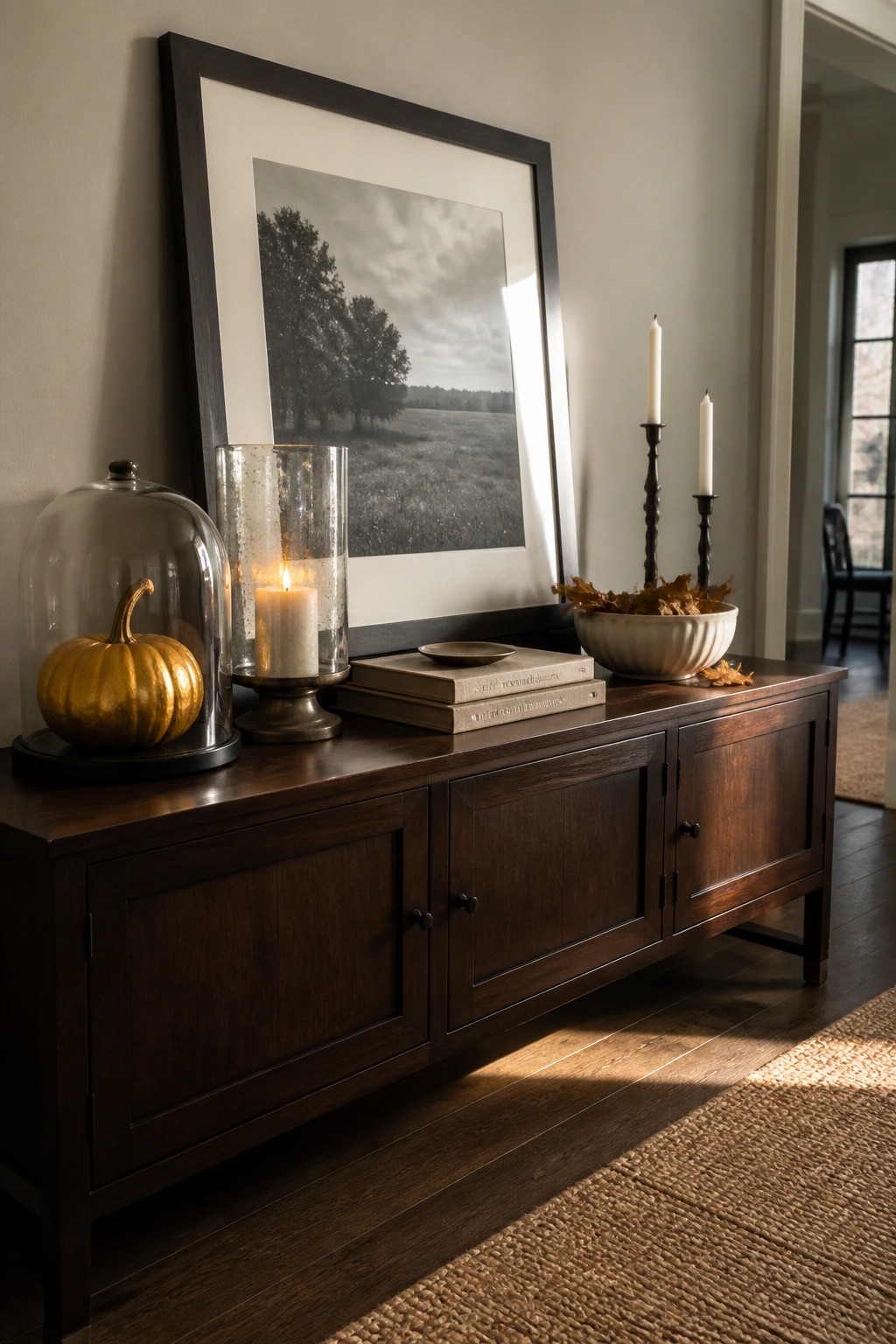 A dark wood console table against a wall holds a framed landscape print, lit candles, stacked books, a bowl of dried leaves, and a gold pumpkin under a glass cloche.