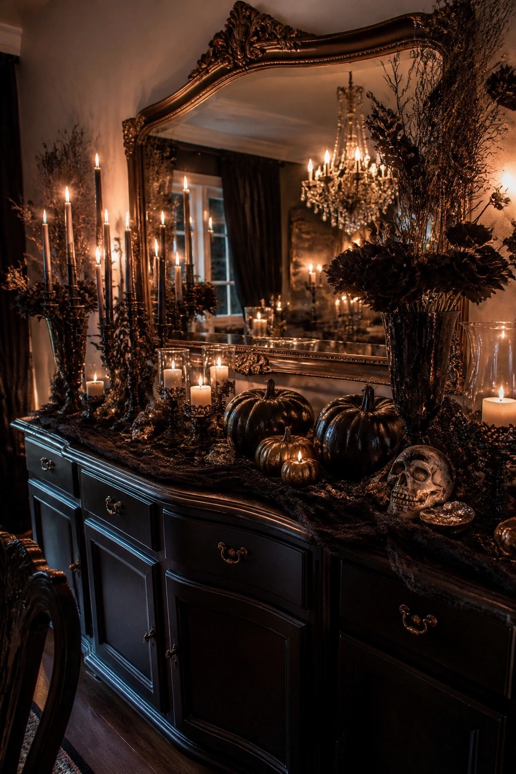 Dark wood console table styled with black pumpkins, a decorative skull, and black candles in front of an ornate mirror.