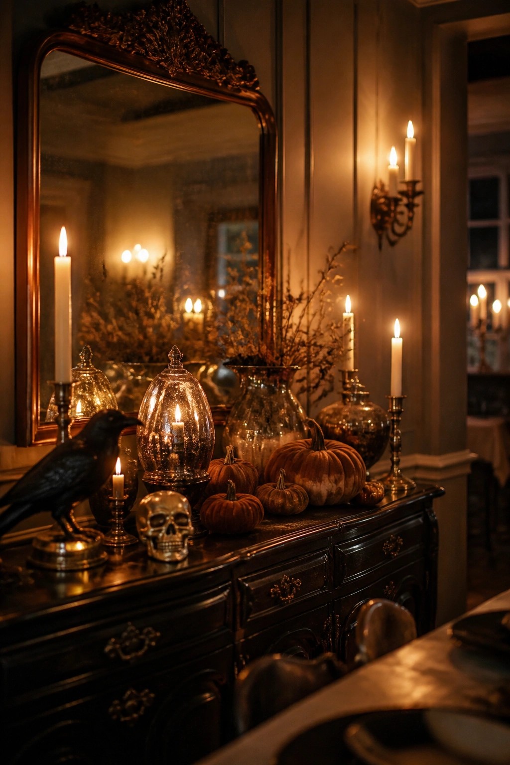 Dark wooden sideboard with lit candles, pumpkins, skull, and black bird under ornate mirror.