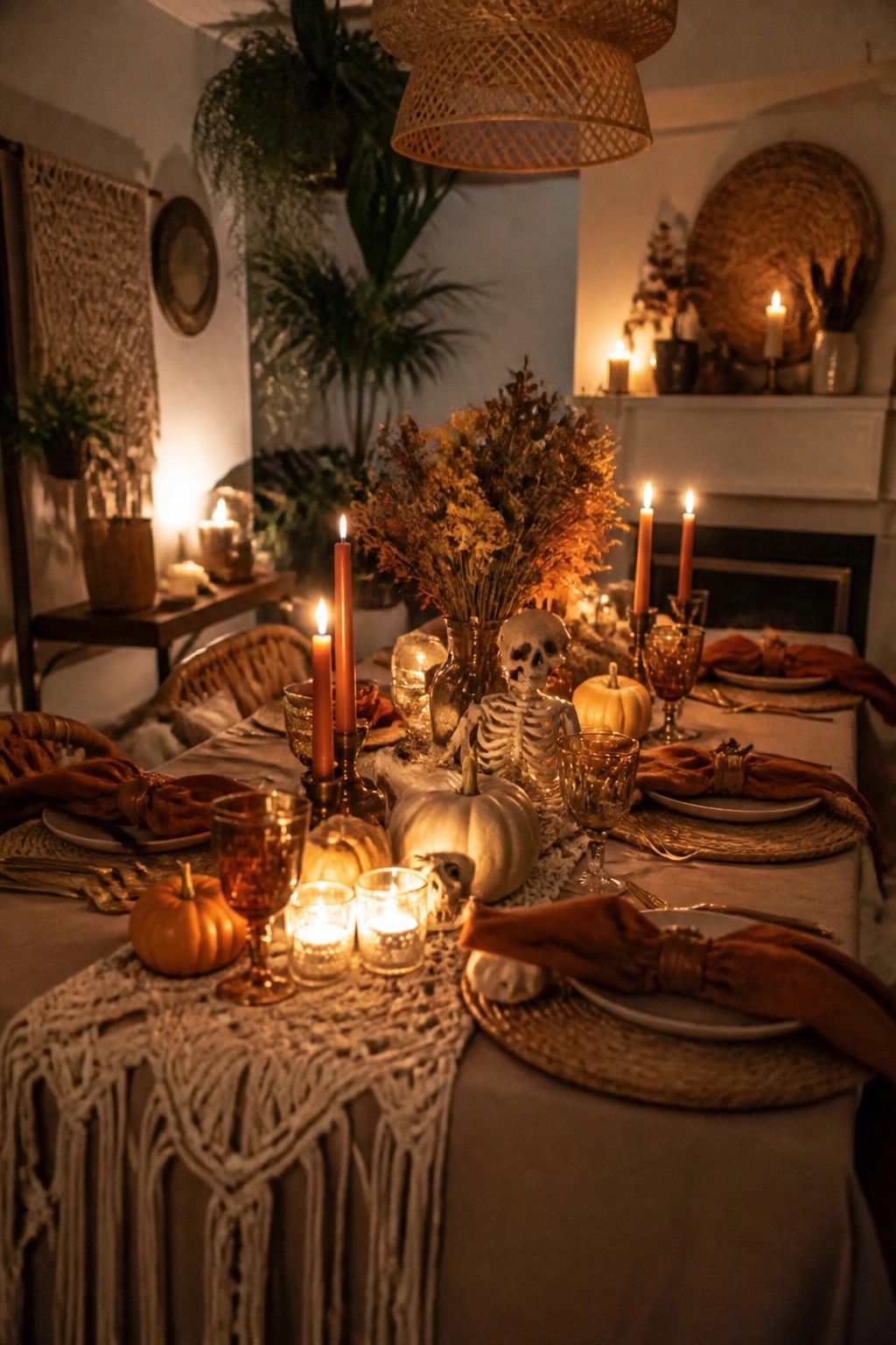 Dining table with a small skeleton centerpiece surrounded by white pumpkins, dried flowers, orange taper candles, and rust napkins on a macrame runner.