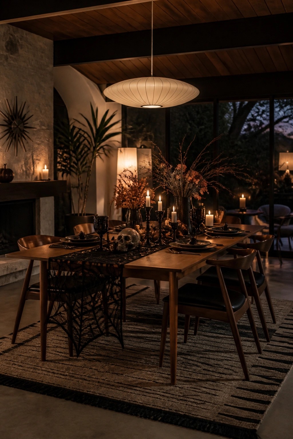 Dining room table styled with a human skull, black spiderweb runner, dark candles, and dried branches for a Halloween tablescape.