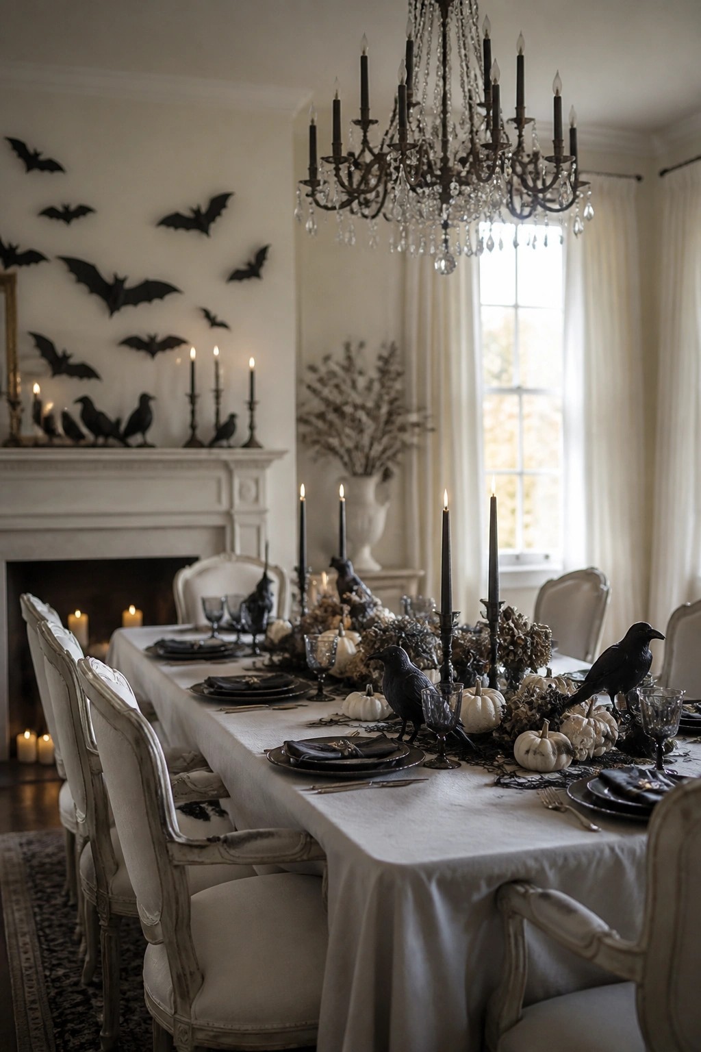 Elegant dining table set with black bird figures, white pumpkins, black candles, and dark plates for a Halloween tablescape.