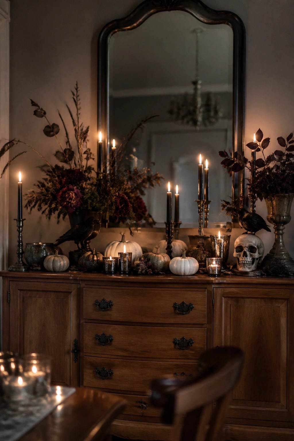 Wooden sideboard topped with a white skull, black crows, black taper candles, and small white pumpkins arranged in front of a large mirror.