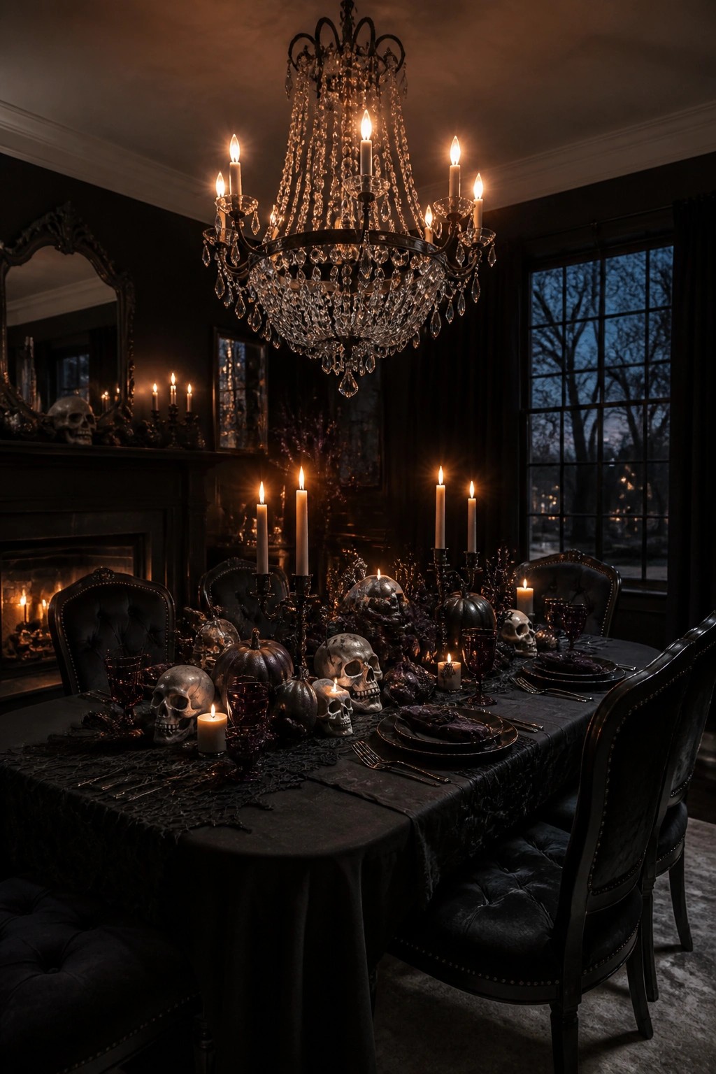 Long dining table set with silver skulls, black pumpkins, and lit white candles on a dark tablecloth.