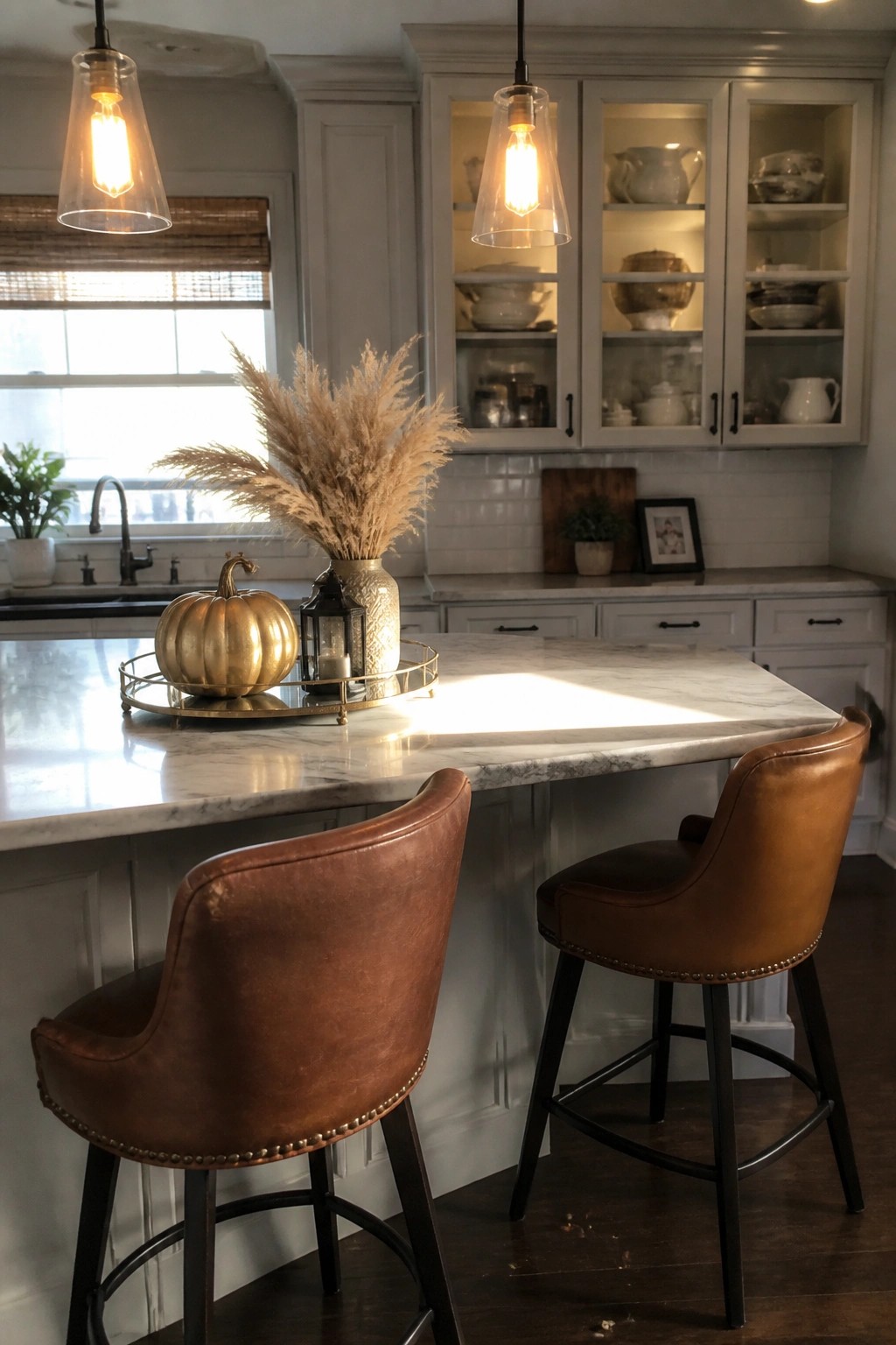 Two brown leather bar stools at marble kitchen island with golden pumpkin and pampas grass