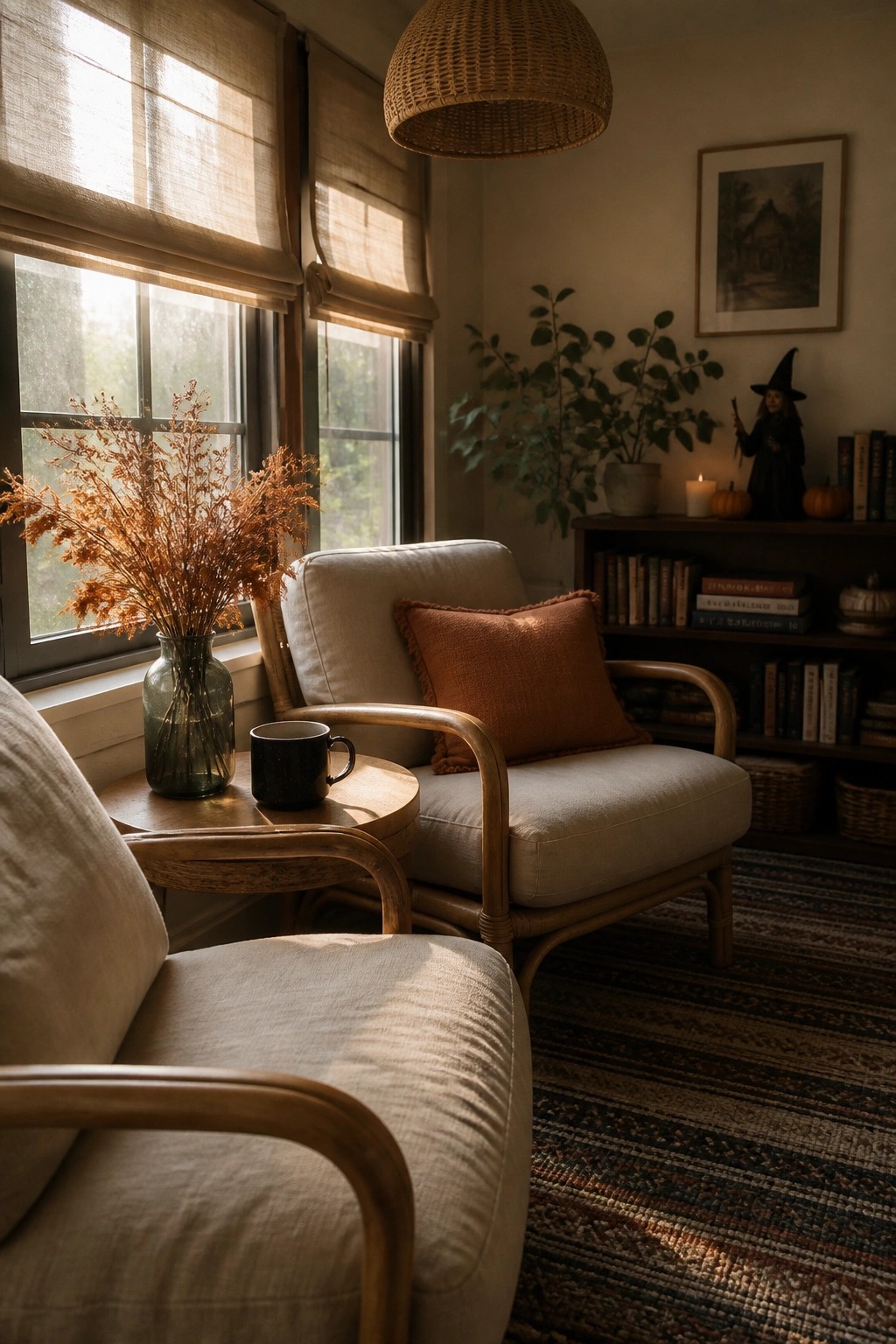 A cozy interior corner with two upholstered armchairs, a round wooden side table holding a vase of dried flowers and a black mug, a window with rolled blinds, and a wooden bookshelf displaying books, potted plants, a witch figurine, small pumpkins, and a lit candle.