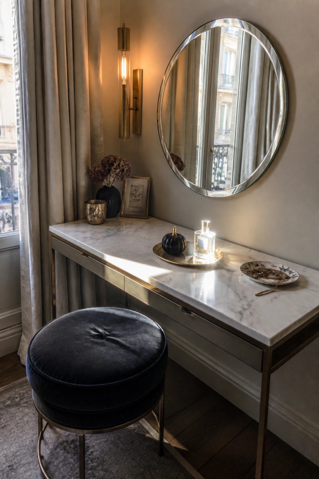 A marble vanity with a round mirror above it holds a small black pumpkin on a tray, a perfume bottle, and jewelry, with a dark velvet stool pulled up in front.
