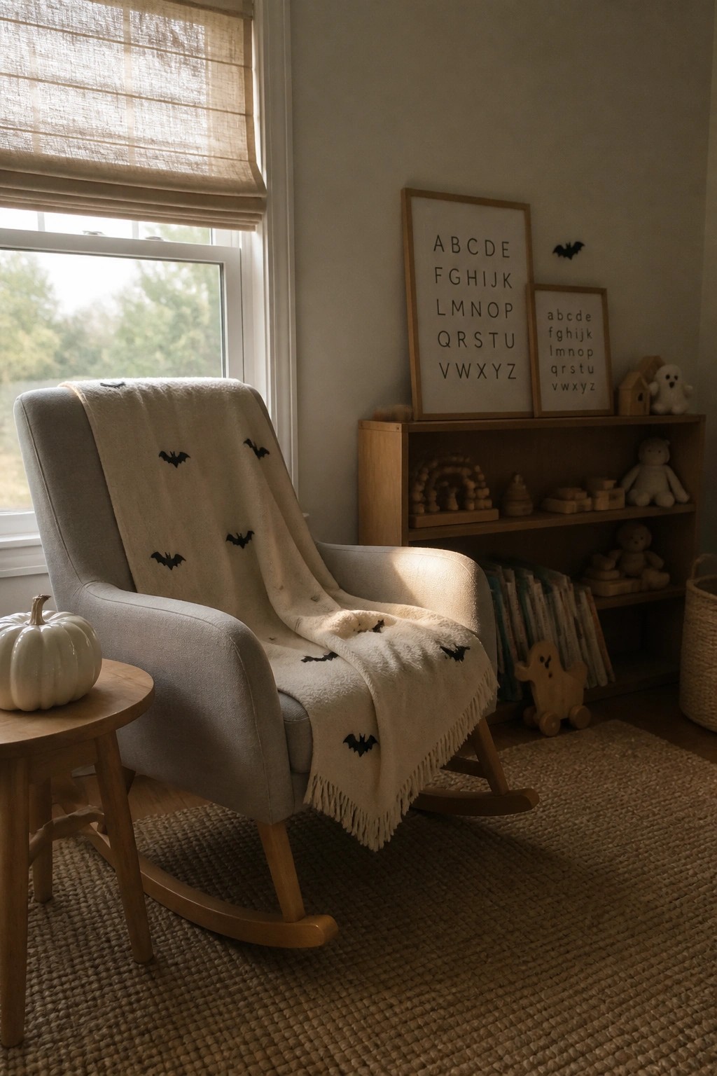 A light gray rocking chair with a cream throw blanket printed with black bats sits near a window in a neutral nursery with wooden shelves, alphabet prints, and toys.