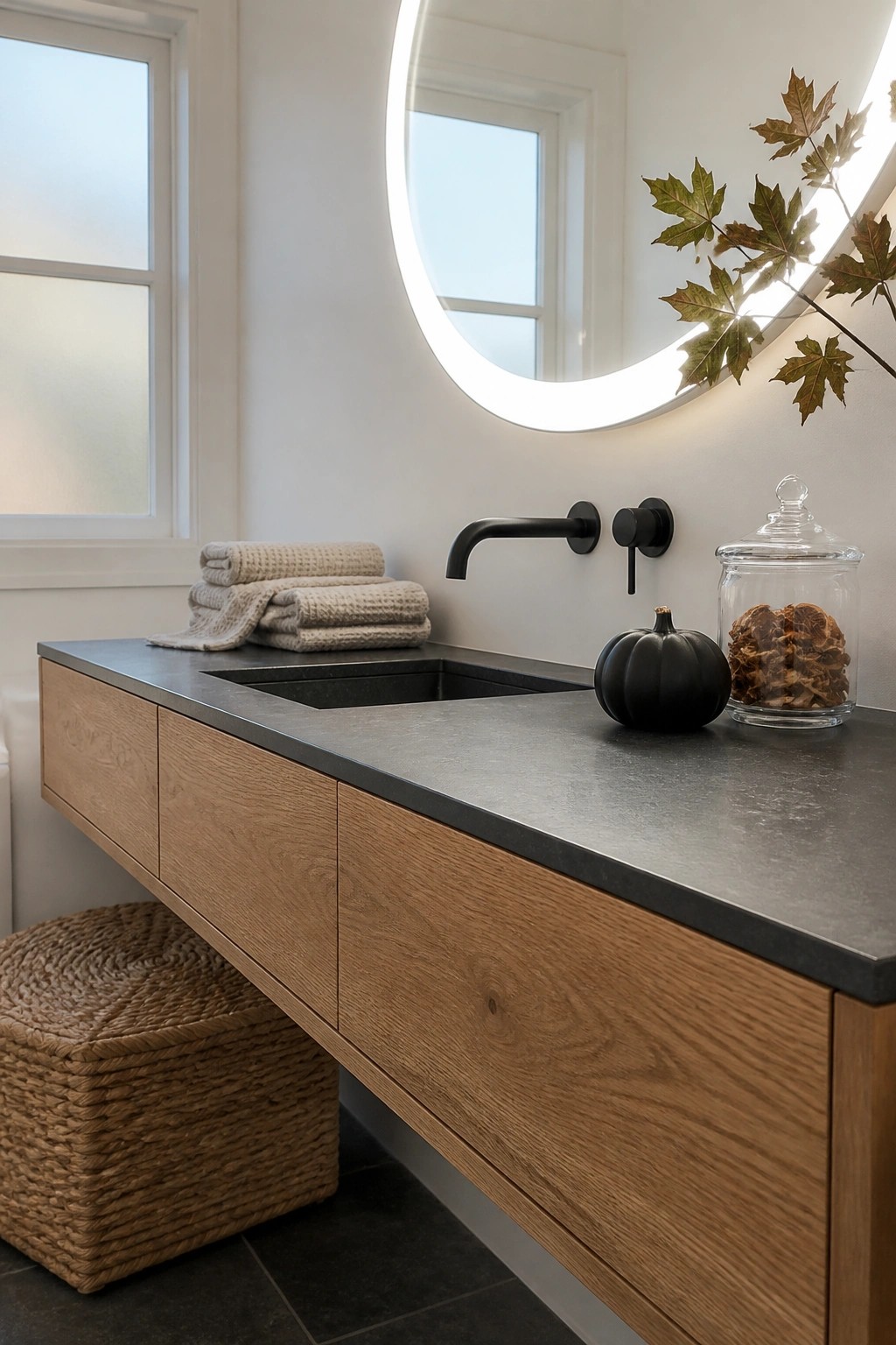 A modern bathroom vanity with light wood cabinets, dark countertop, black faucet, round illuminated mirror, folded towels, and a small black pumpkin on the counter.