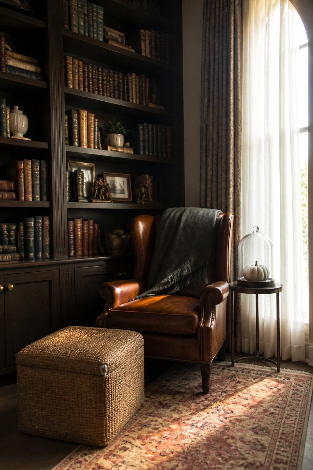 A brown leather armchair with a dark throw draped over it sits in front of built-in bookshelves, next to a small table holding a white pumpkin under a glass cloche on a patterned rug.