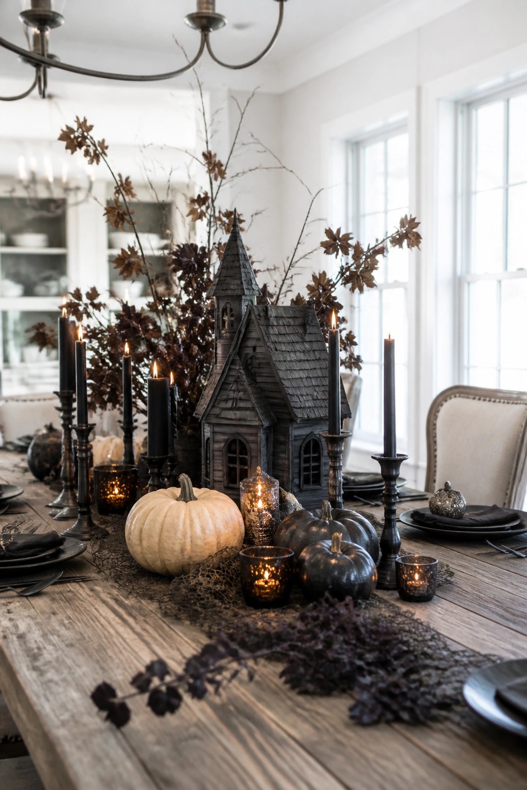 A long wooden dining table decorated with a black haunted house centerpiece, black taper candles, black and white pumpkins, and dark branches for Halloween.