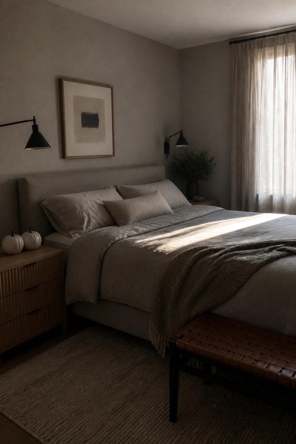 A minimalist bedroom with a large bed in neutral gray bedding, two small white pumpkins on a wooden nightstand, framed art on the wall, and natural light filtering through sheer curtains.