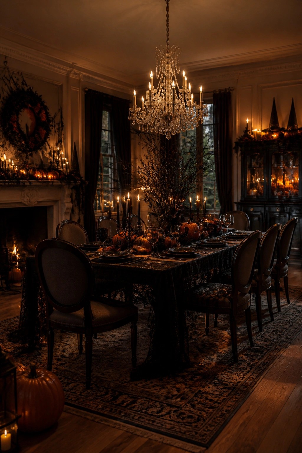 Long dining table set with black tablecloth, tall bare branches as centerpiece, pumpkins, and black candles under a crystal chandelier.