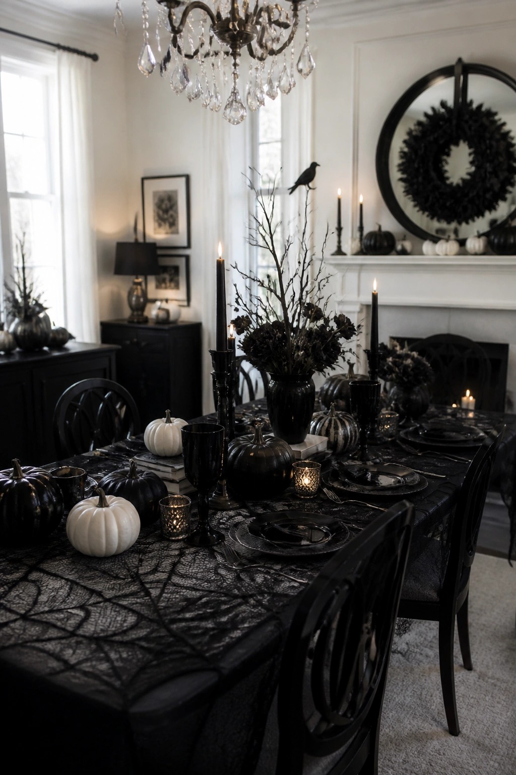 Dining table decorated for Halloween with tall black branches in a vase, black and white pumpkins, black plates, and lit candles on a web-patterned tablecloth.