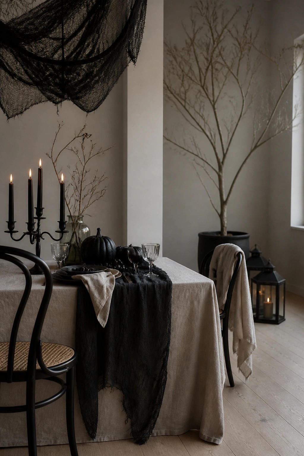 Dining table set with a black gauze runner, black candelabra, black pumpkins, and bare branches arranged as a centerpiece.
