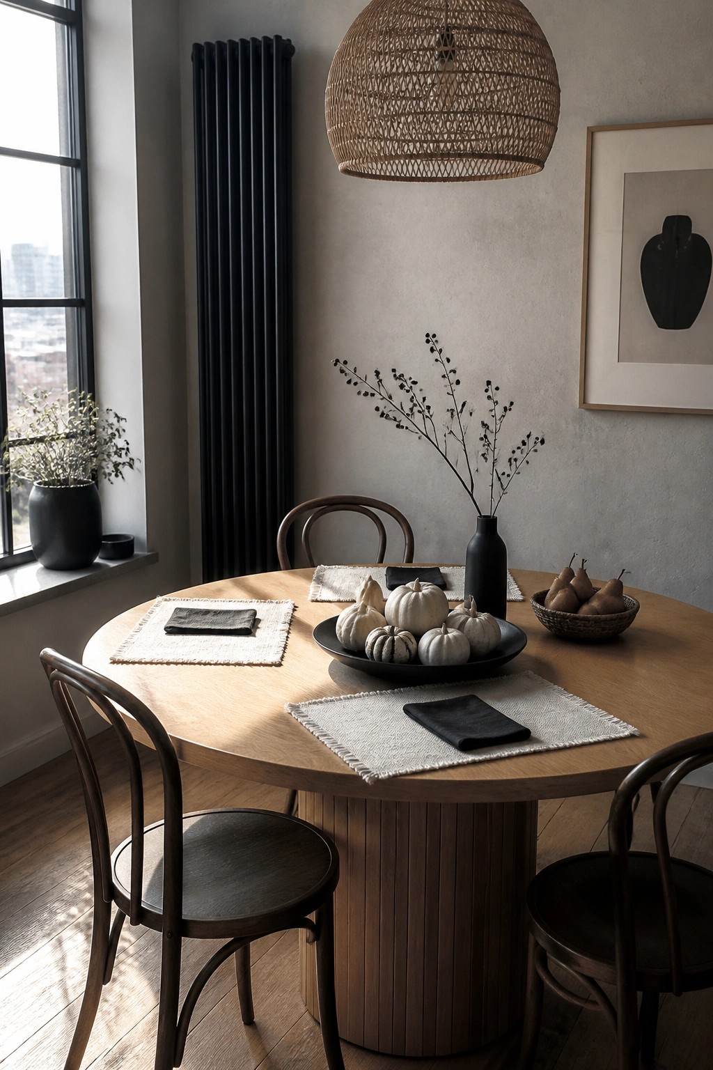 A round wooden dining table with white pumpkins on a black tray, a black vase holding dried branches, and a bowl of pears, set with woven placemats and black napkins.