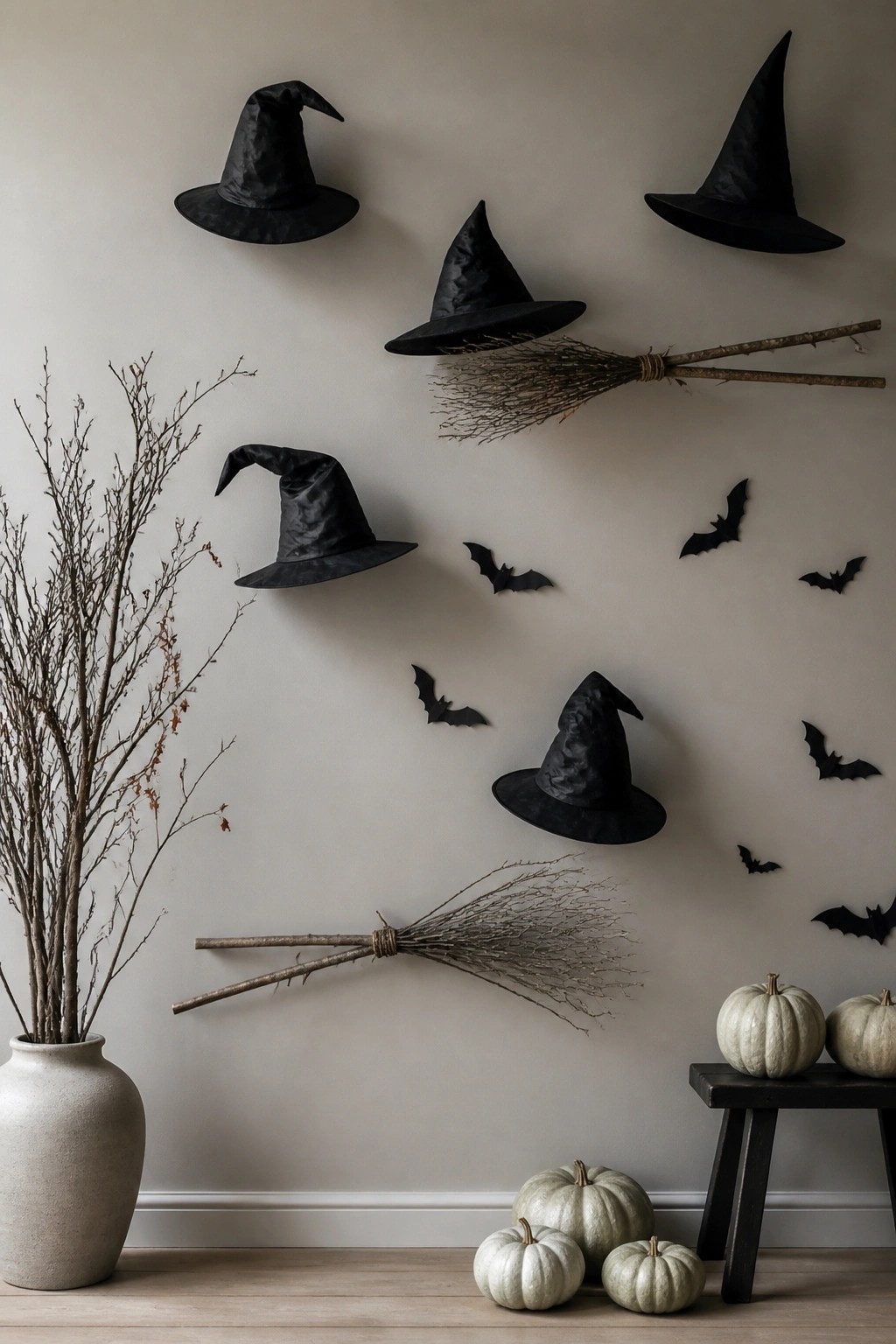 Neutral wall decorated with multiple black witch hats, a broomstick, and black bat cutouts, with white pumpkins on the floor and a bench.