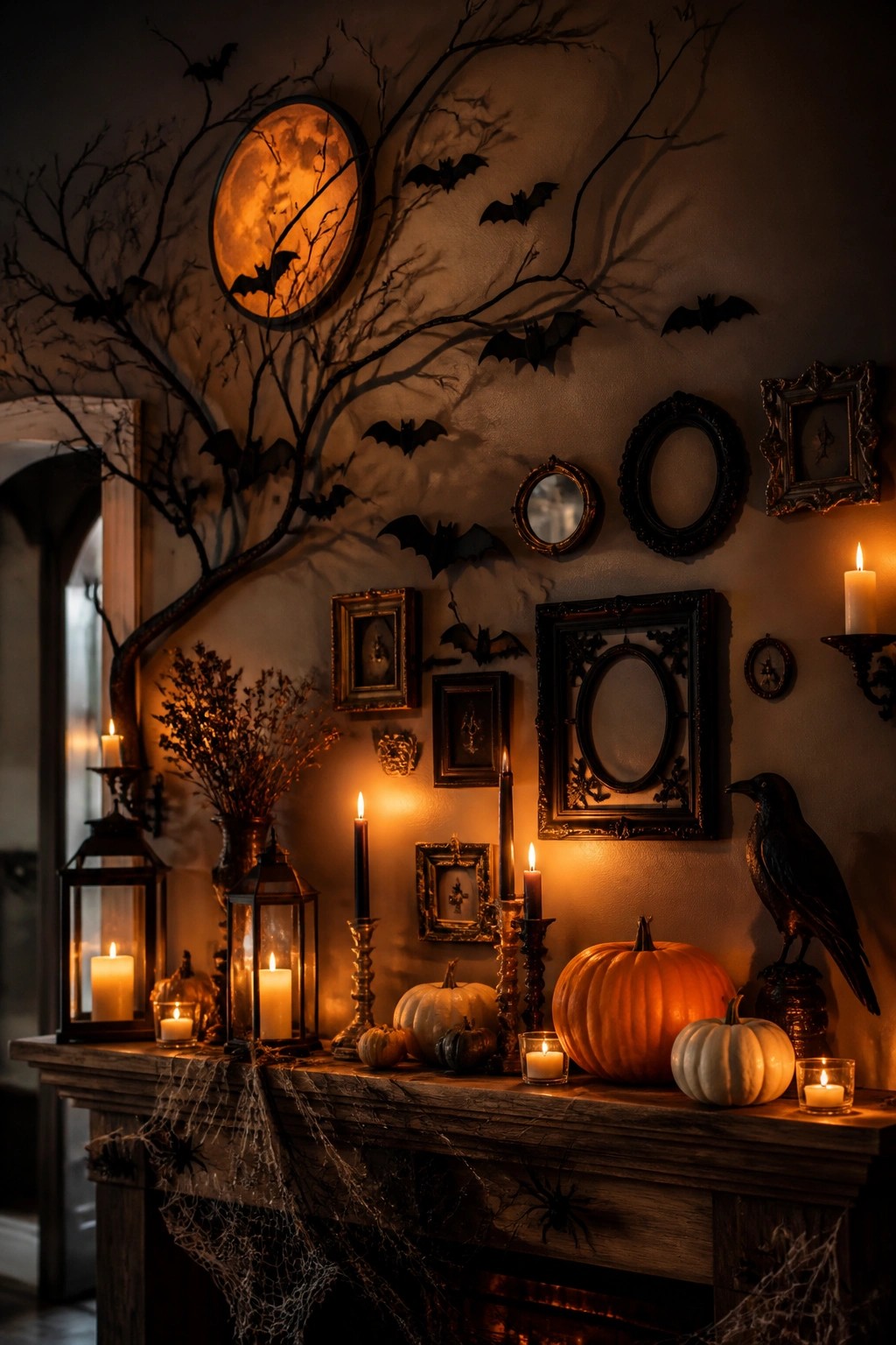 Fireplace mantel with pumpkins and candles below a wall decorated with many black bats and bare branches.