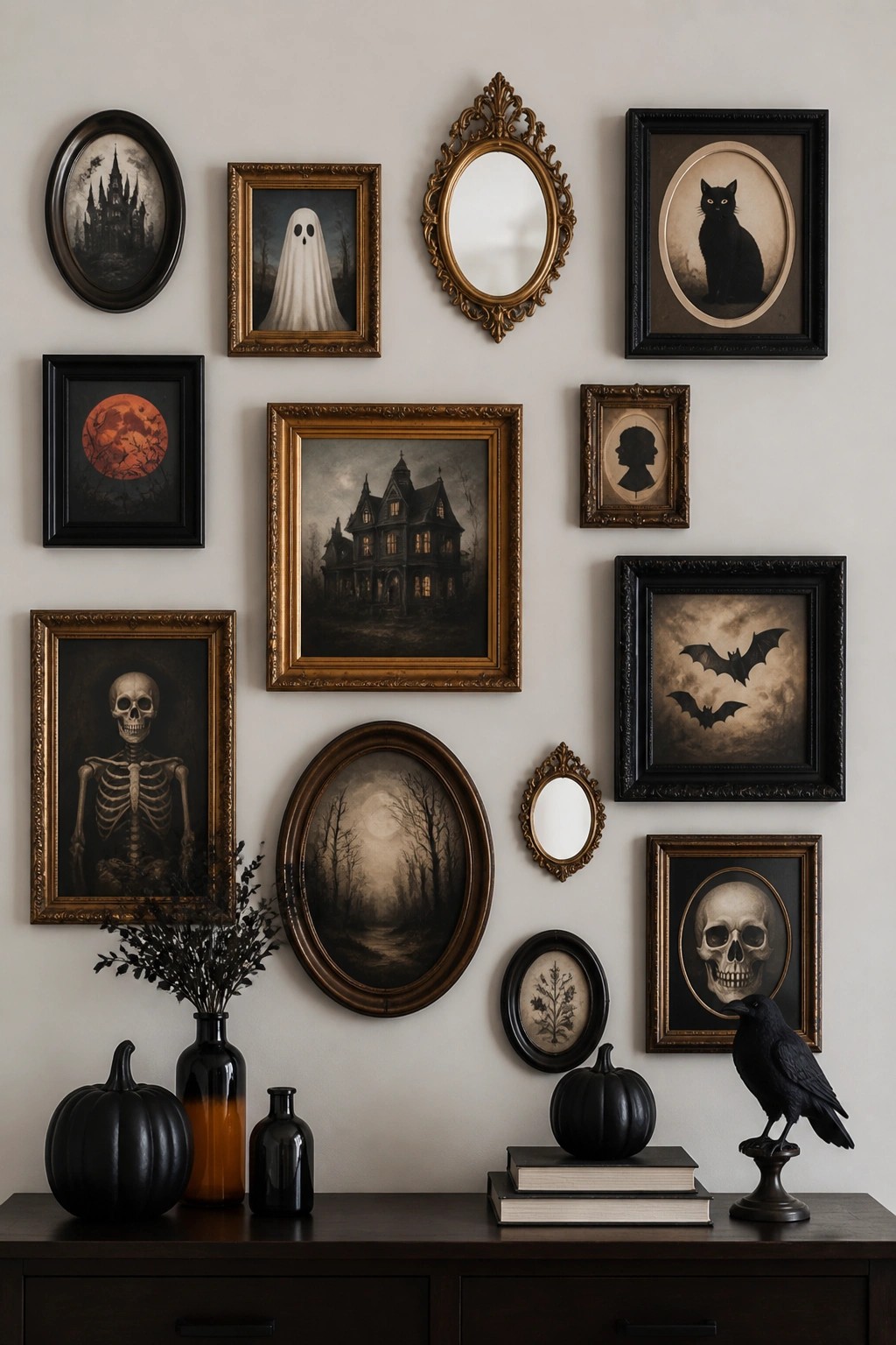Wall above a dark console table filled with framed Halloween prints showing a ghost, skeleton, black cat, bats, skulls, and a haunted house.