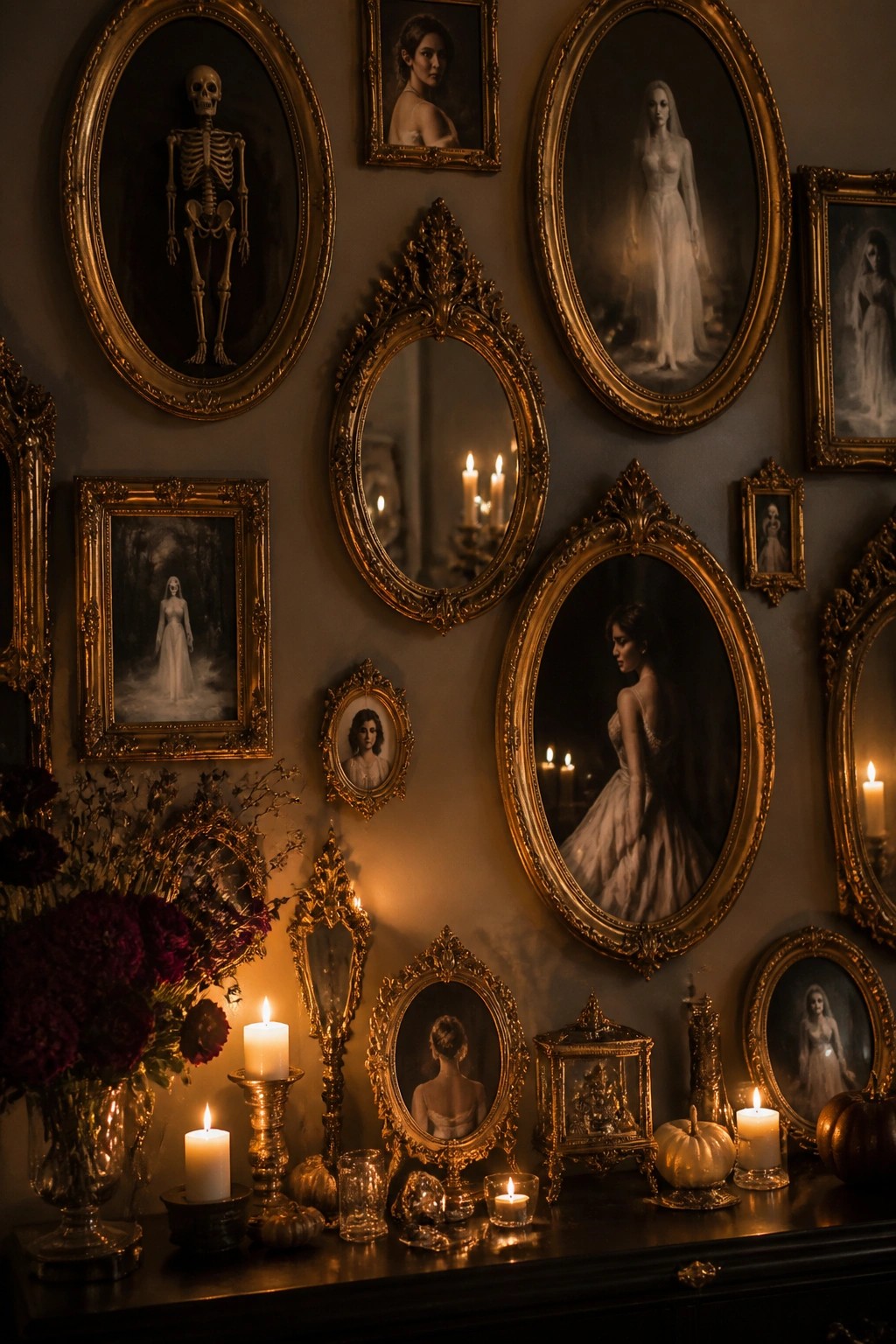 A wall covered in ornate gold frames holding portraits of ghostly women in white dresses along with one full skeleton, with mirrors and lit candles on a dark console below.
