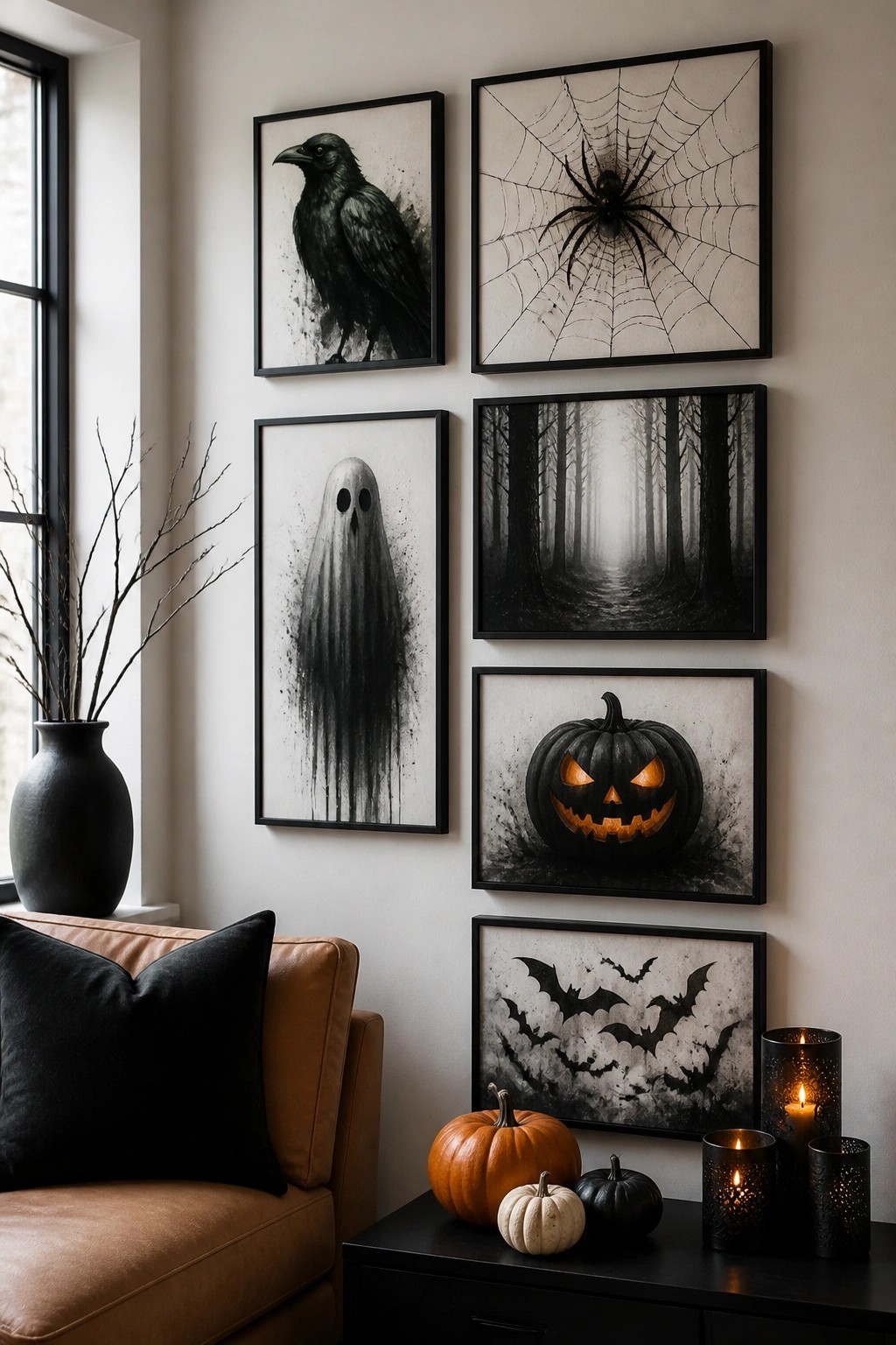 Living room wall arranged with six black-framed Halloween prints featuring a crow, spiderweb, ghost, dark forest, glowing jack-o’-lantern, and bats, with small pumpkins and candles on a surface below.