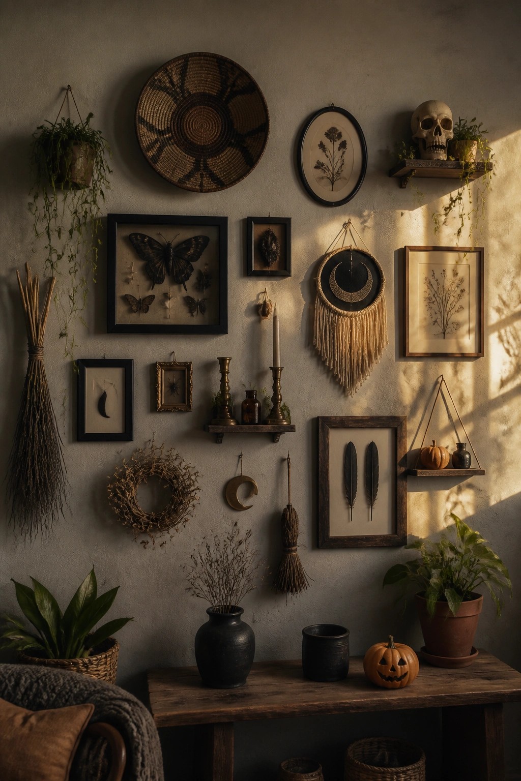 A textured wall displays framed butterfly specimens, feathers, botanical prints, a moon dreamcatcher, and a skull on a shelf, with a small carved jack-o'-lantern on the wooden console table below.