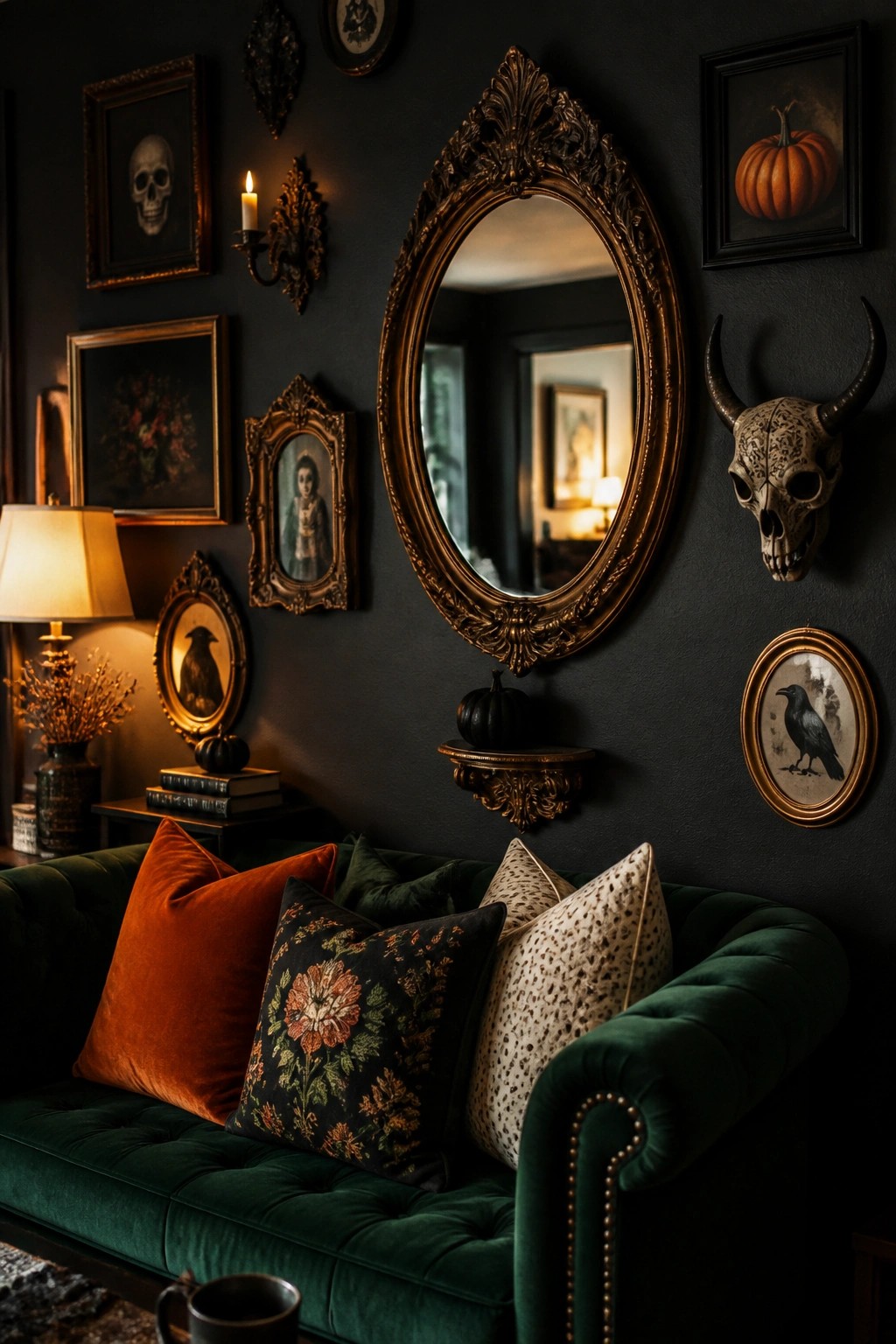 Dark living room wall covered with multiple framed Halloween prints including skulls, crows, and a pumpkin, arranged around a large ornate gold mirror with an animal skull mount on the right.