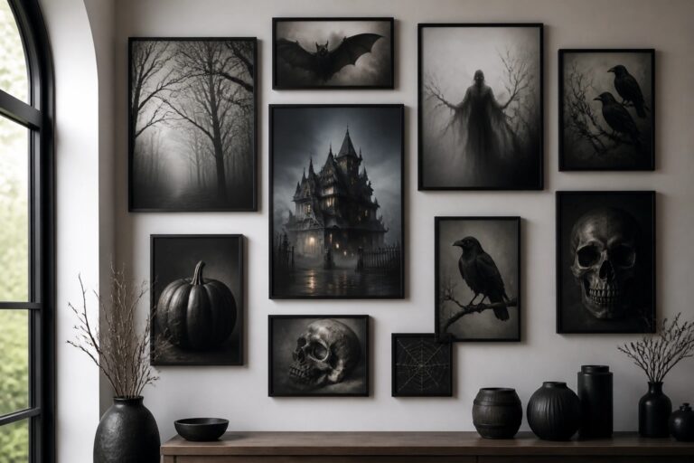 Living room wall arranged with six black-framed Halloween prints featuring a crow, spiderweb, ghost, dark forest, glowing jack-o’-lantern, and bats, with small pumpkins and candles on a surface below.