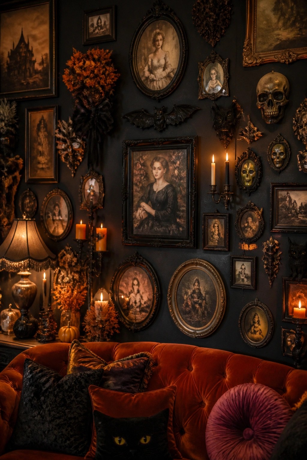 Dark gothic room with ornate portraits, red velvet sofa, skulls, and glowing candles.