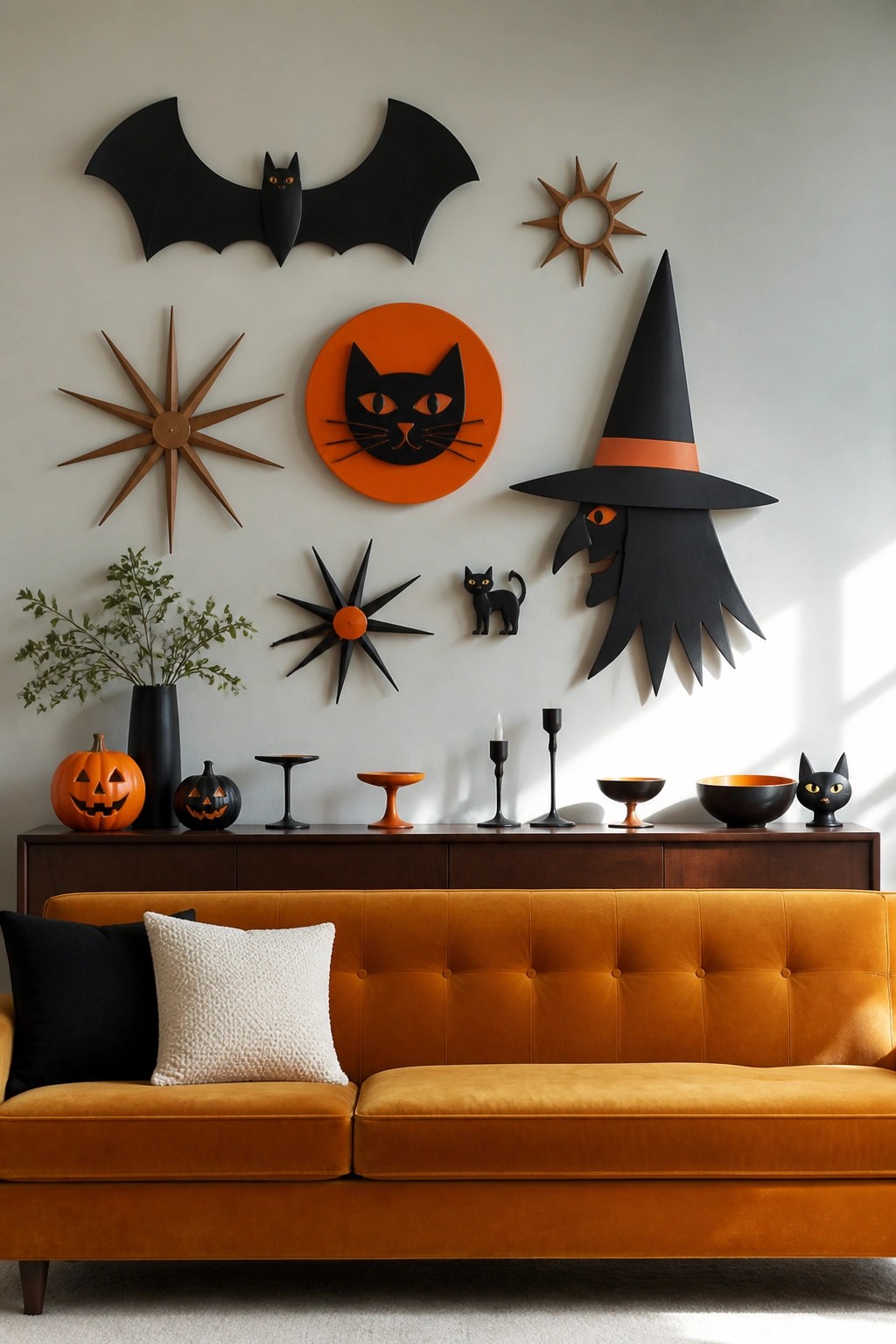 Orange sofa with Halloween wall decor of bats, cats, witch, and stars.