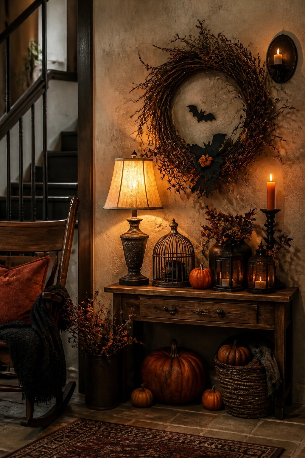 Entryway console with a large twig wreath holding black bat cutouts on the wall above it.