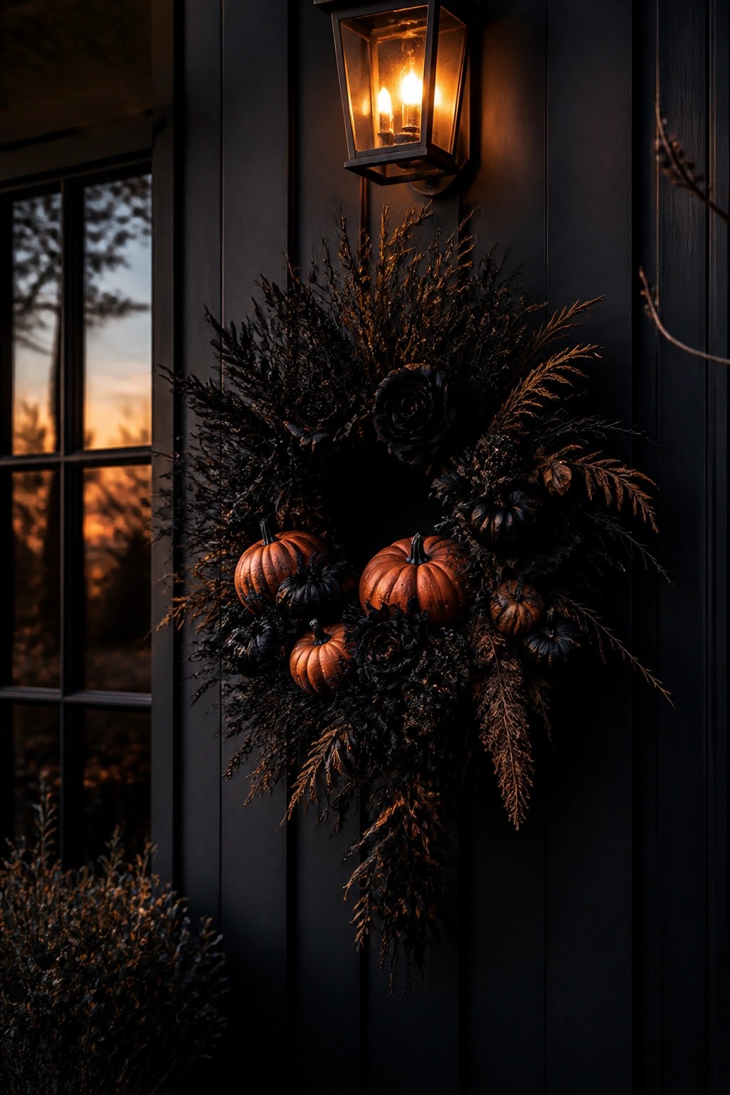 A large Halloween wreath made with dark foliage, black roses, and orange and black pumpkins hanging on a dark exterior wall next to a lit lantern.