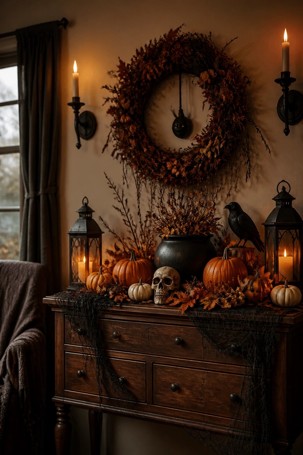 A large autumn leaf wreath with a hanging skull displayed on the wall above a wooden console table decorated with pumpkins, a black cauldron, a crow, and lanterns.