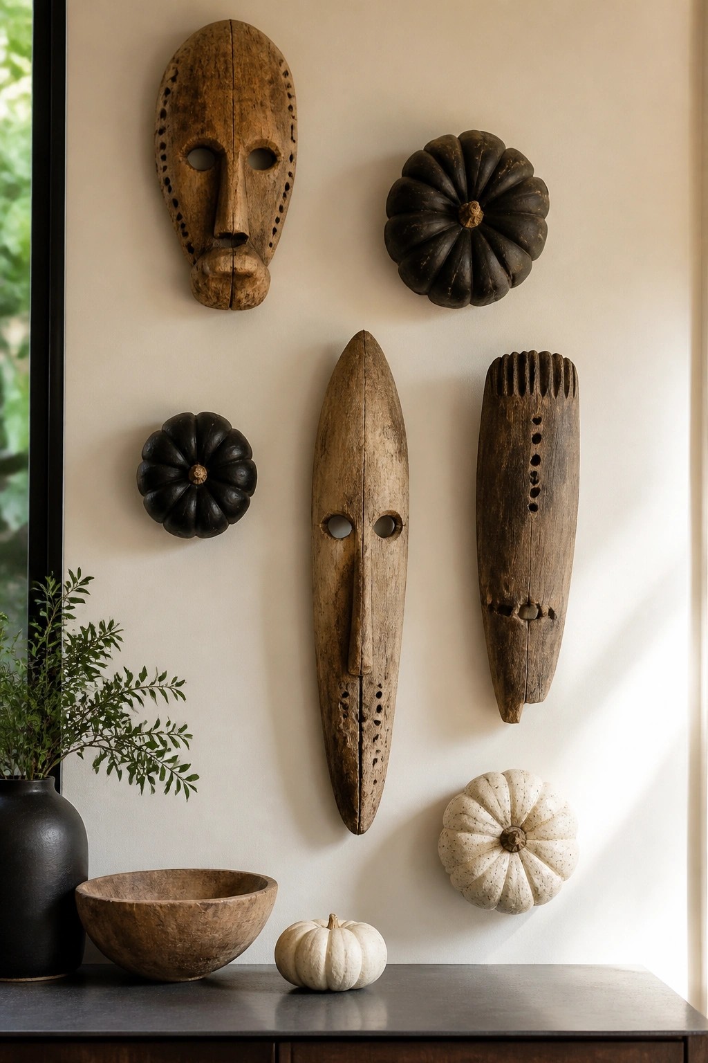 Wall display of carved wooden masks and dark and light gourds arranged above a console table in an entry area.
