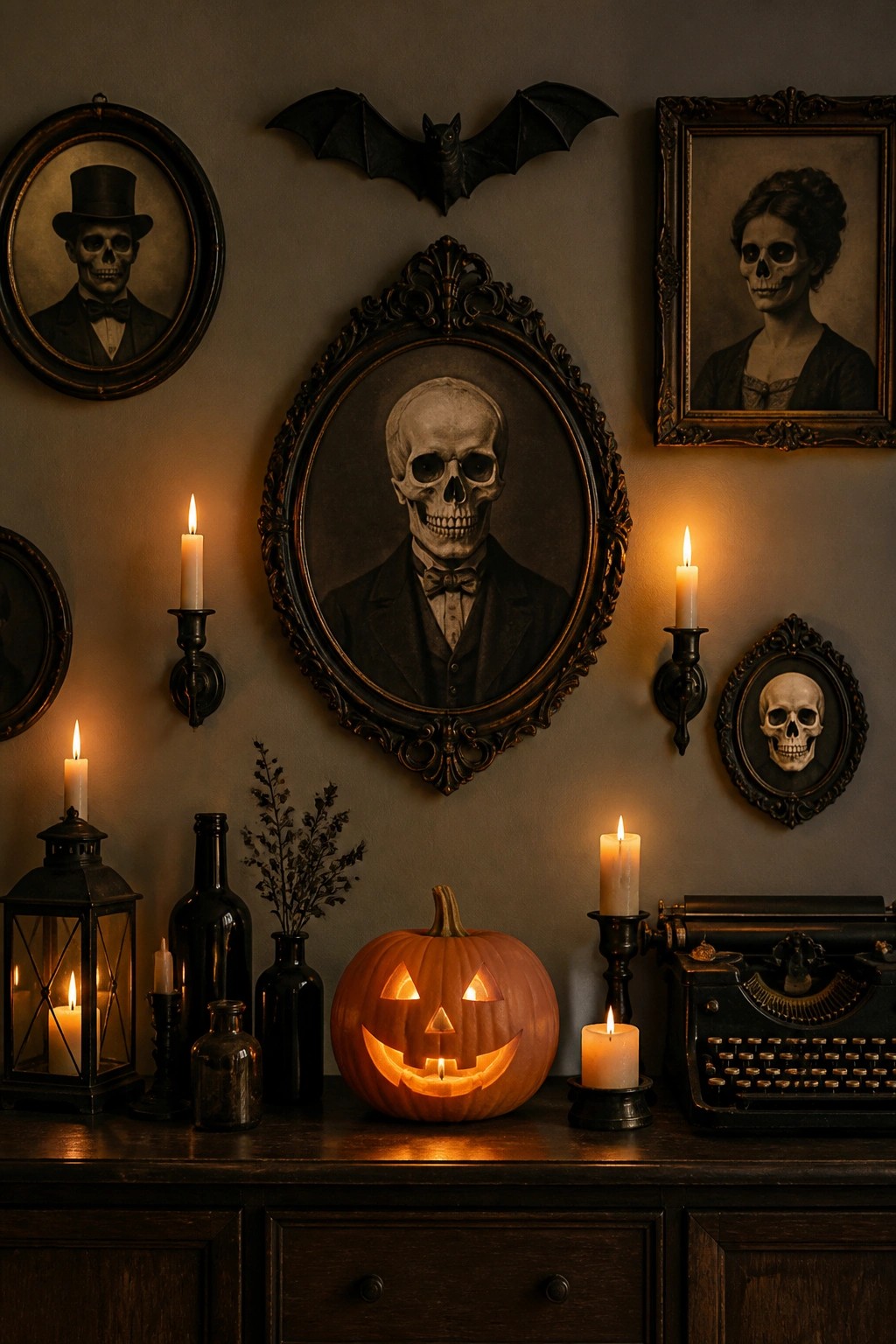 Victorian skeleton portraits above glowing jack-o'-lantern, candles, bottles, and vintage typewriter in darkness.