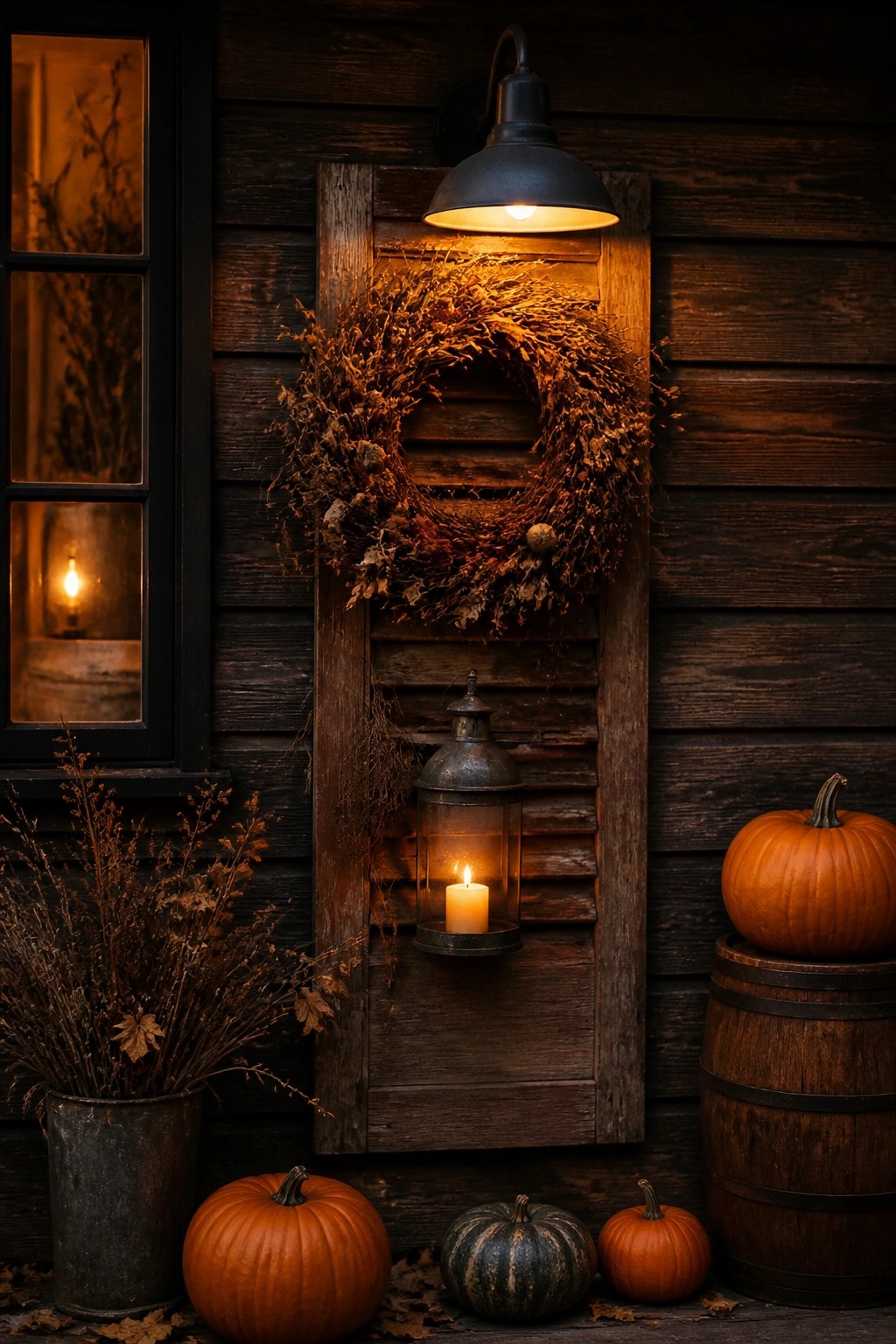 Wooden wall panel with a large dried wreath and a lit lantern mounted on dark siding, surrounded by pumpkins and a metal bucket of dried branches.
